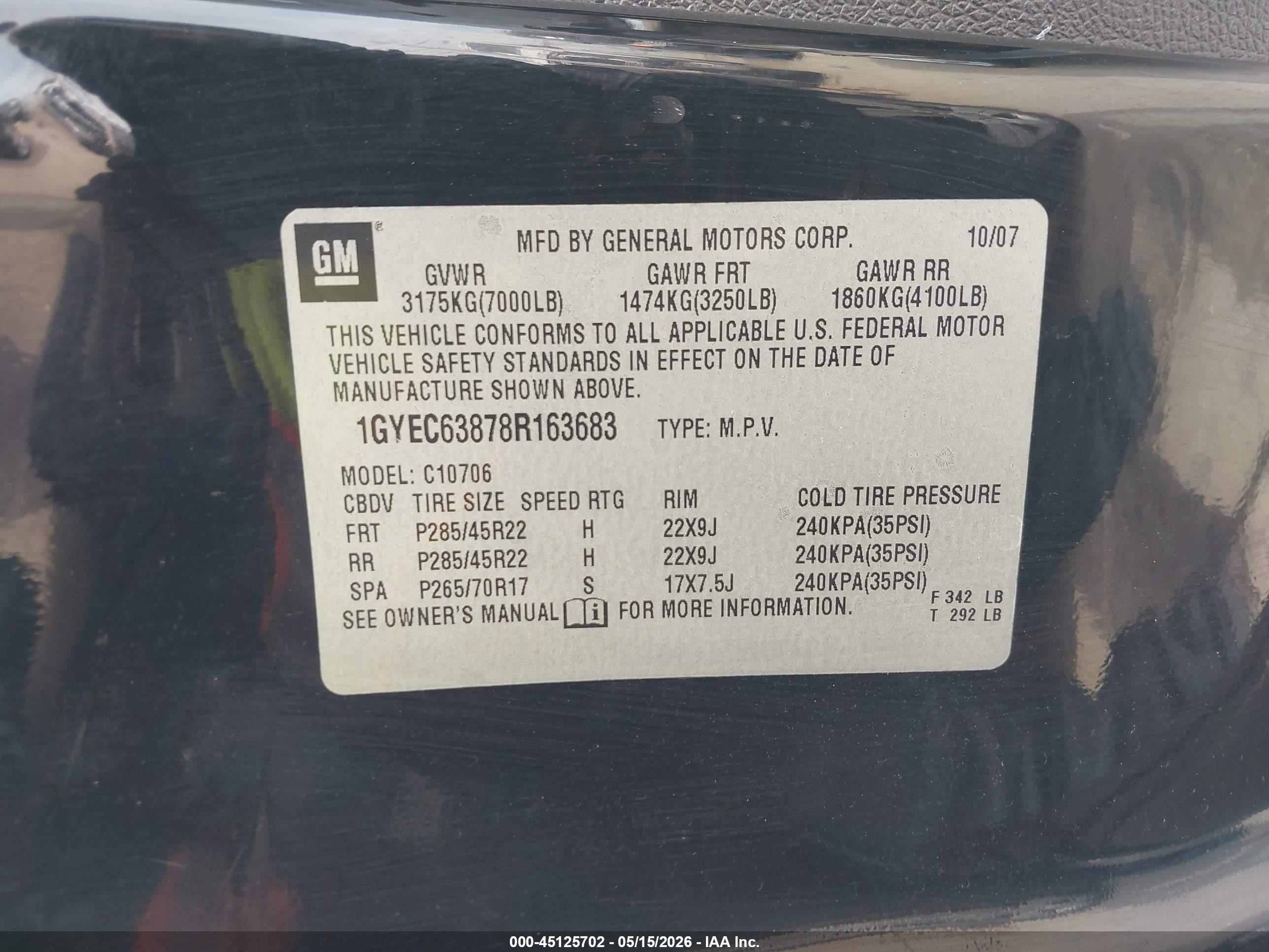 2008 Cadillac Escalade Standard Black vin: 1GYEC63878R163683