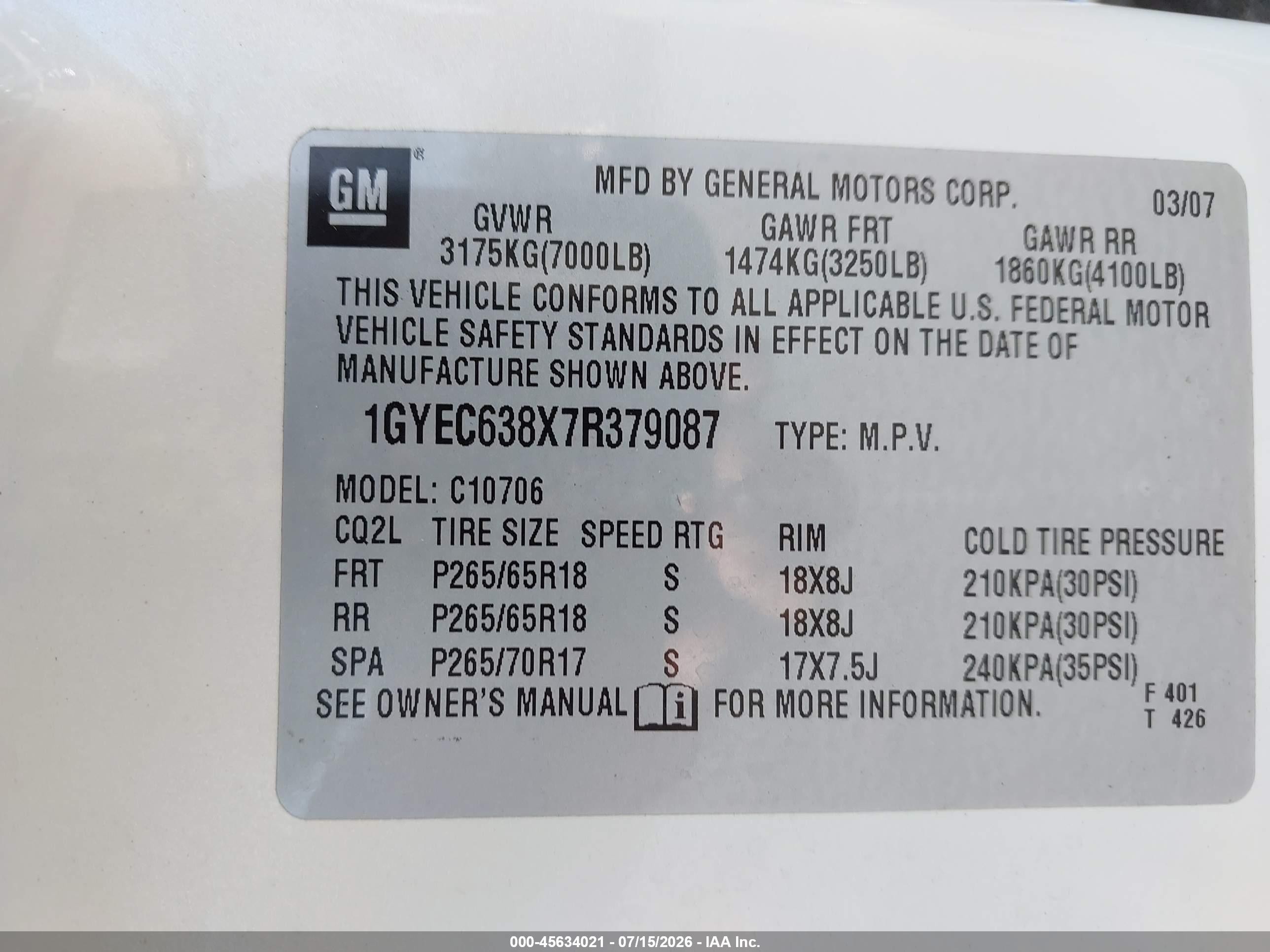 2007 Cadillac Escalade Standard Cream vin: 1GYEC638X7R379087