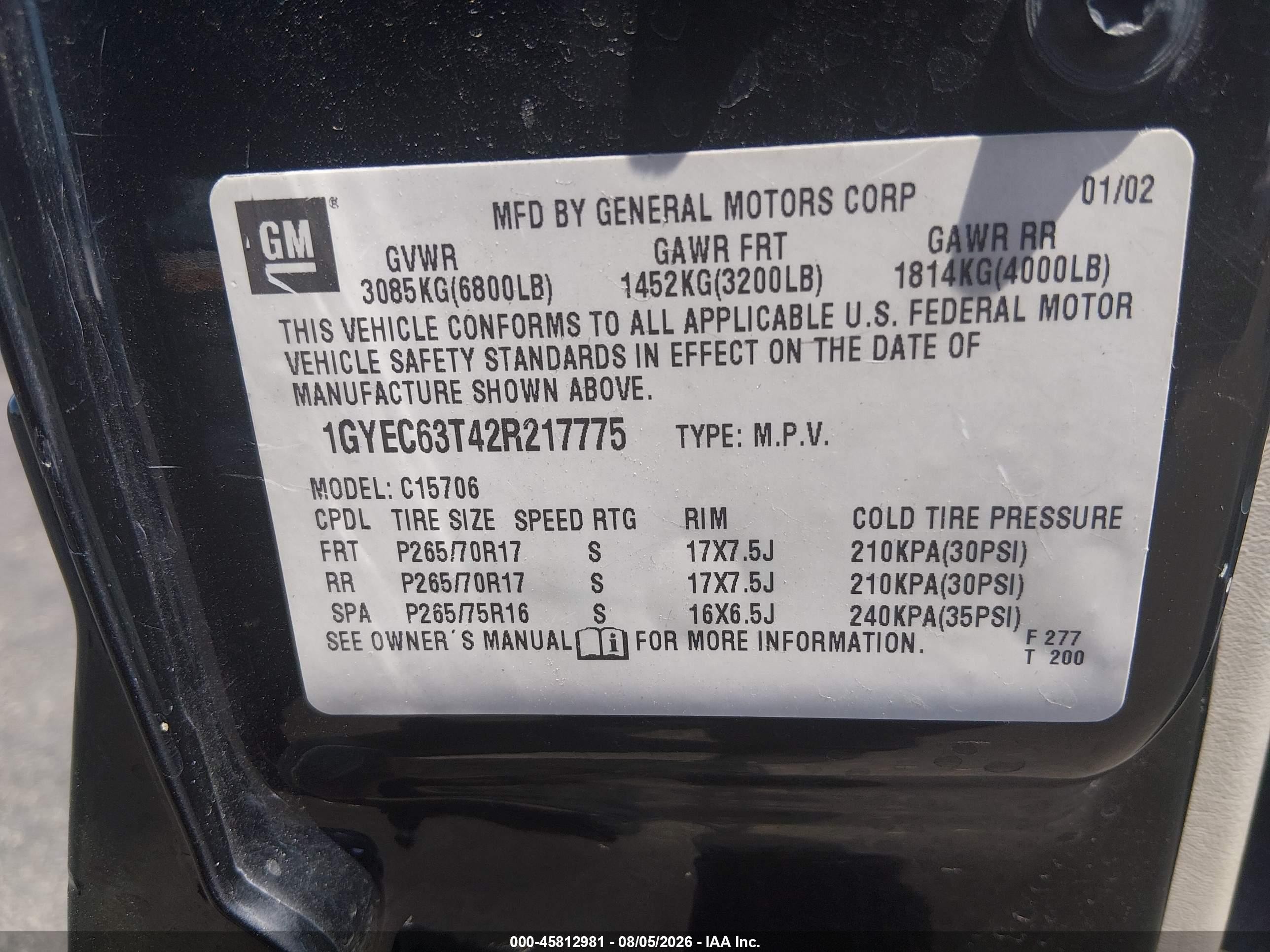 2002 Cadillac Escalade Standard Black vin: 1GYEC63T42R217775