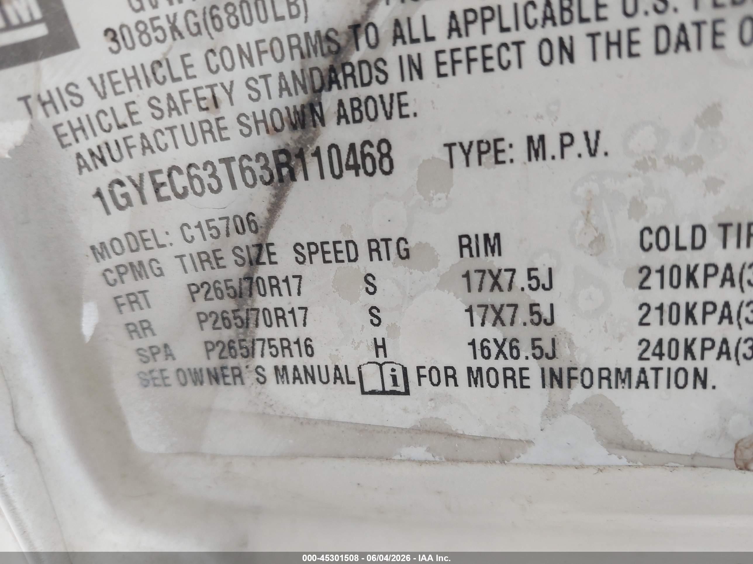 2003 Cadillac Escalade Standard White vin: 1GYEC63T63R110468