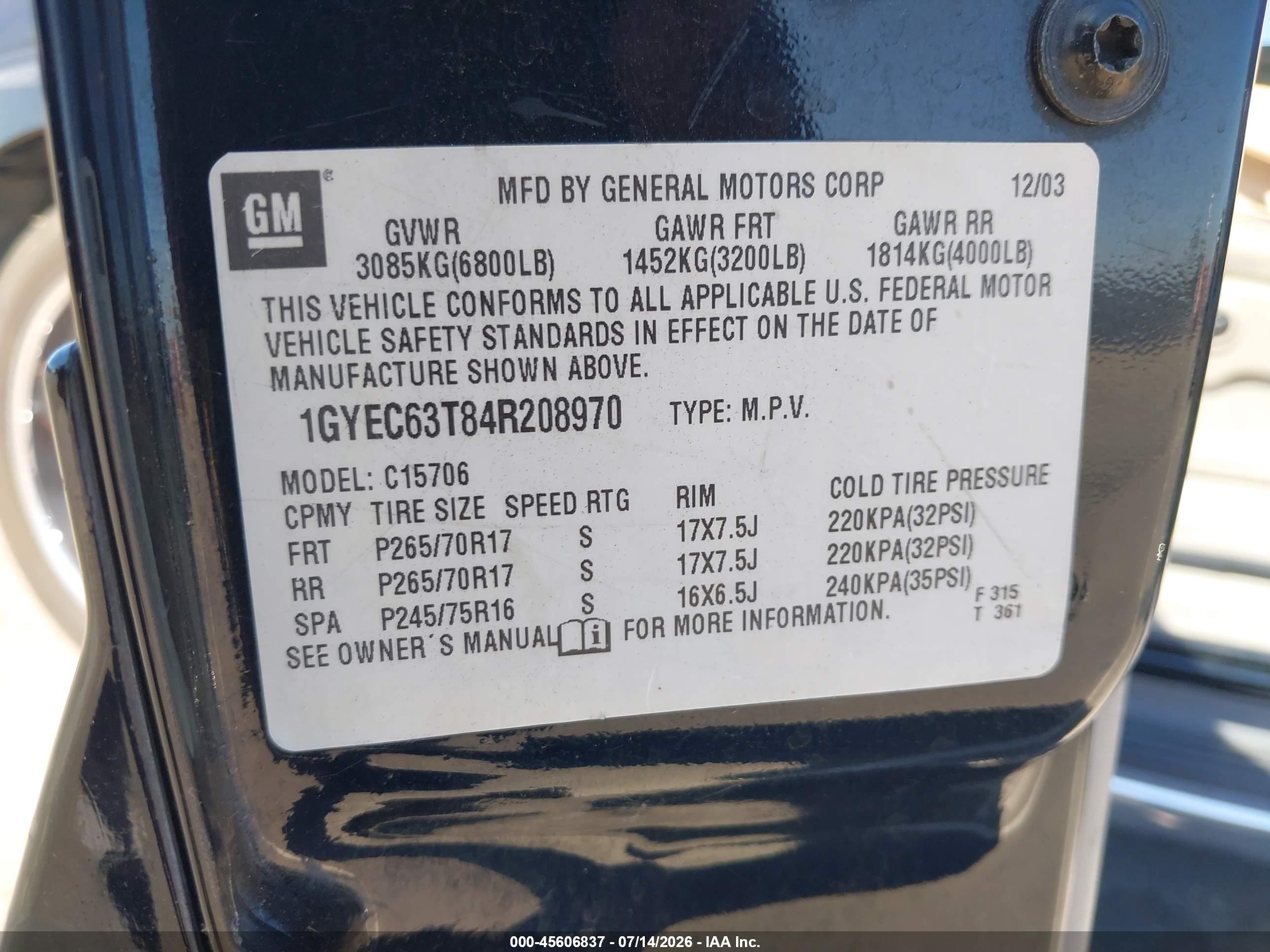2004 Cadillac Escalade Standard Black vin: 1GYEC63T84R208970