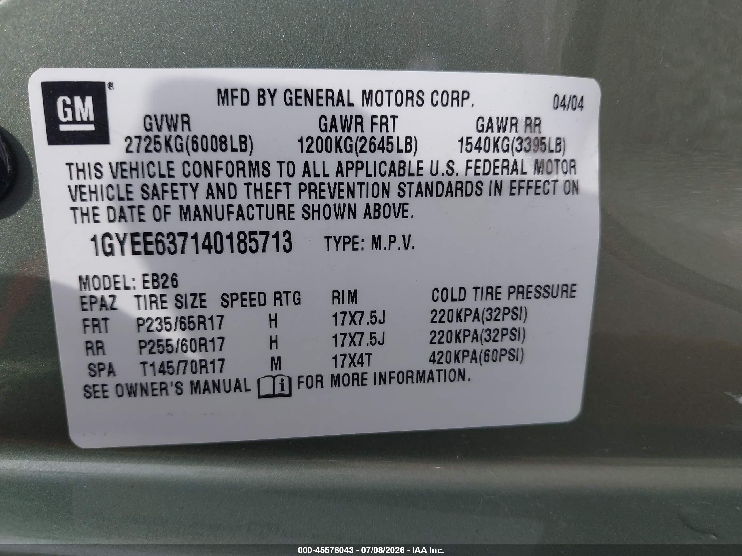 2004 Cadillac Srx Standard Green vin: 1GYEE637140185713