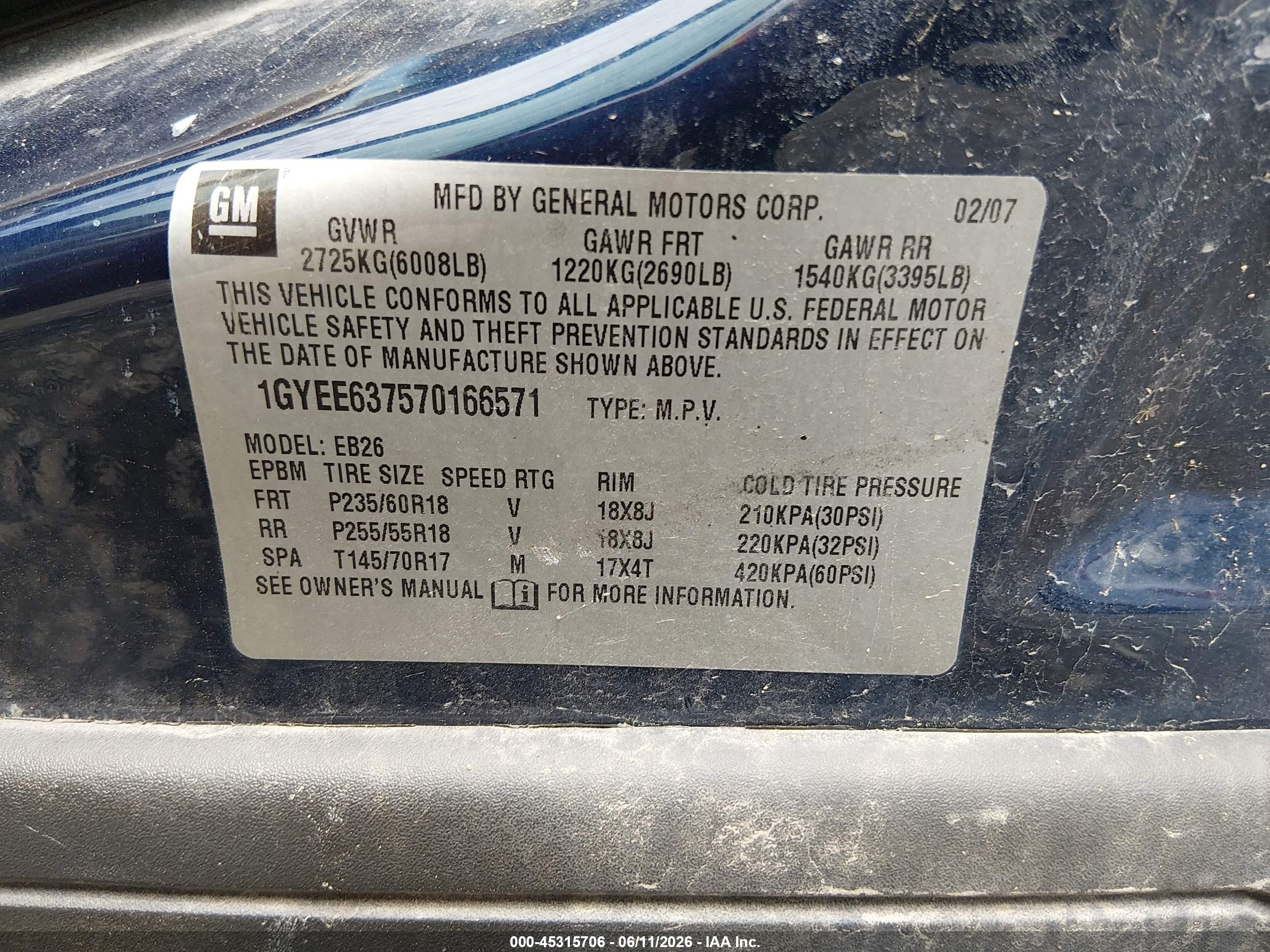 2007 Cadillac Srx V6 Blue vin: 1GYEE637570166571