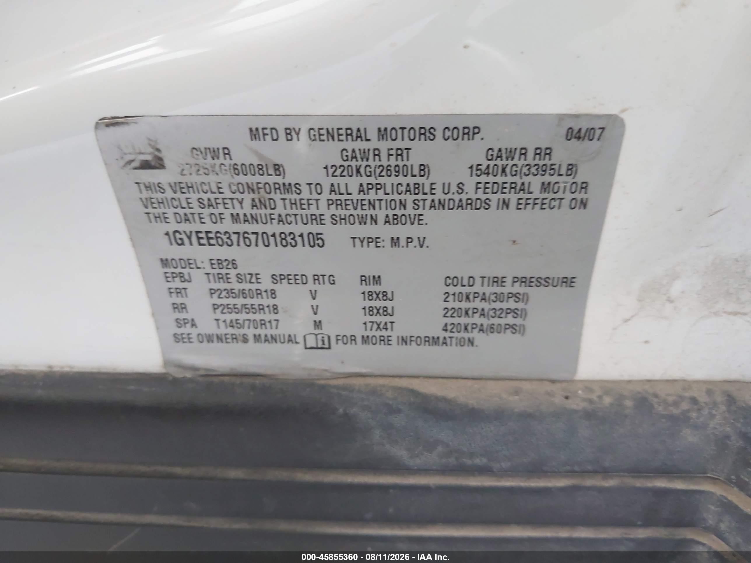 2007 Cadillac Srx V6 White vin: 1GYEE637670183105