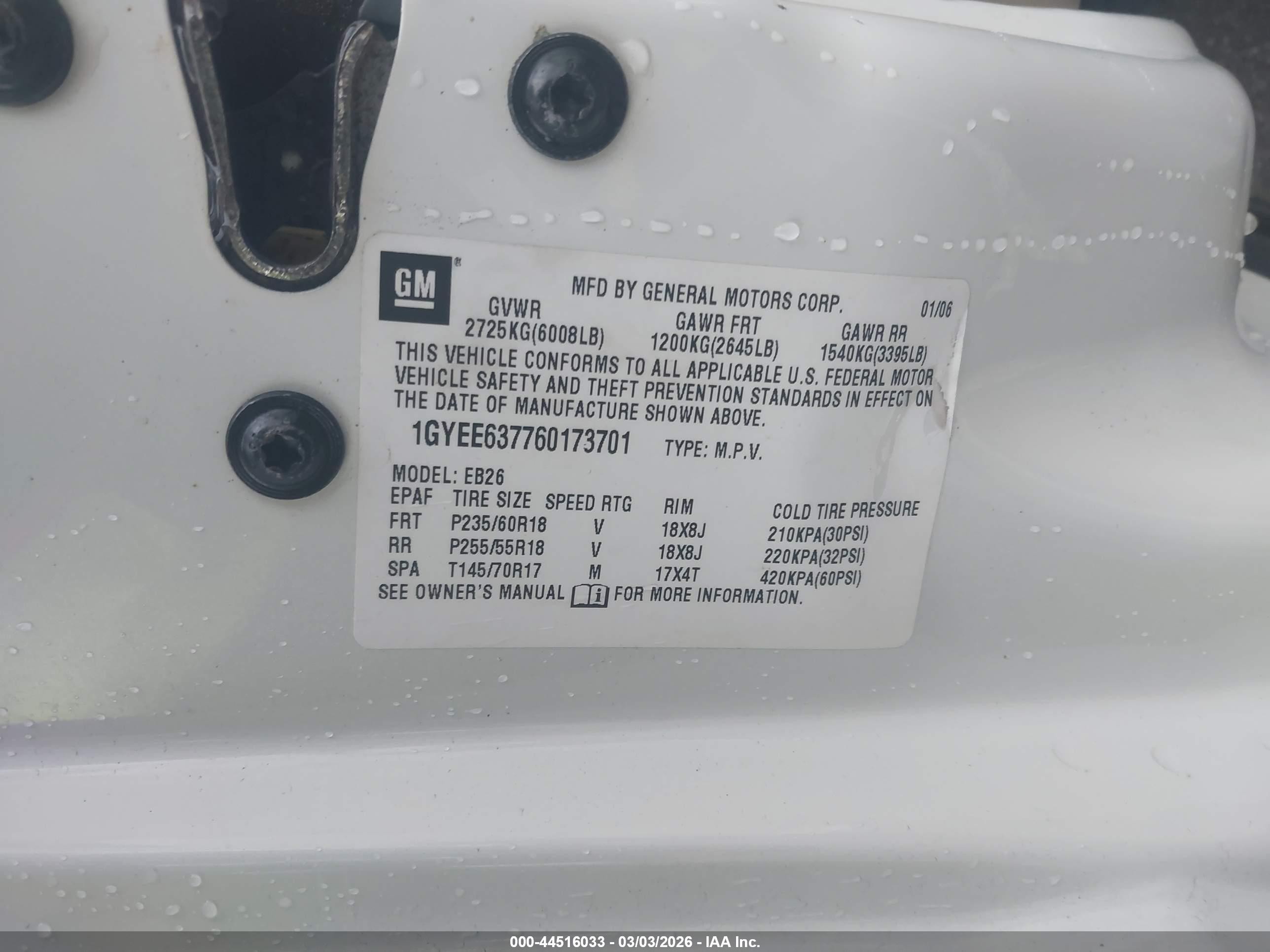 2006 Cadillac Srx V6 White vin: 1GYEE637760173701
