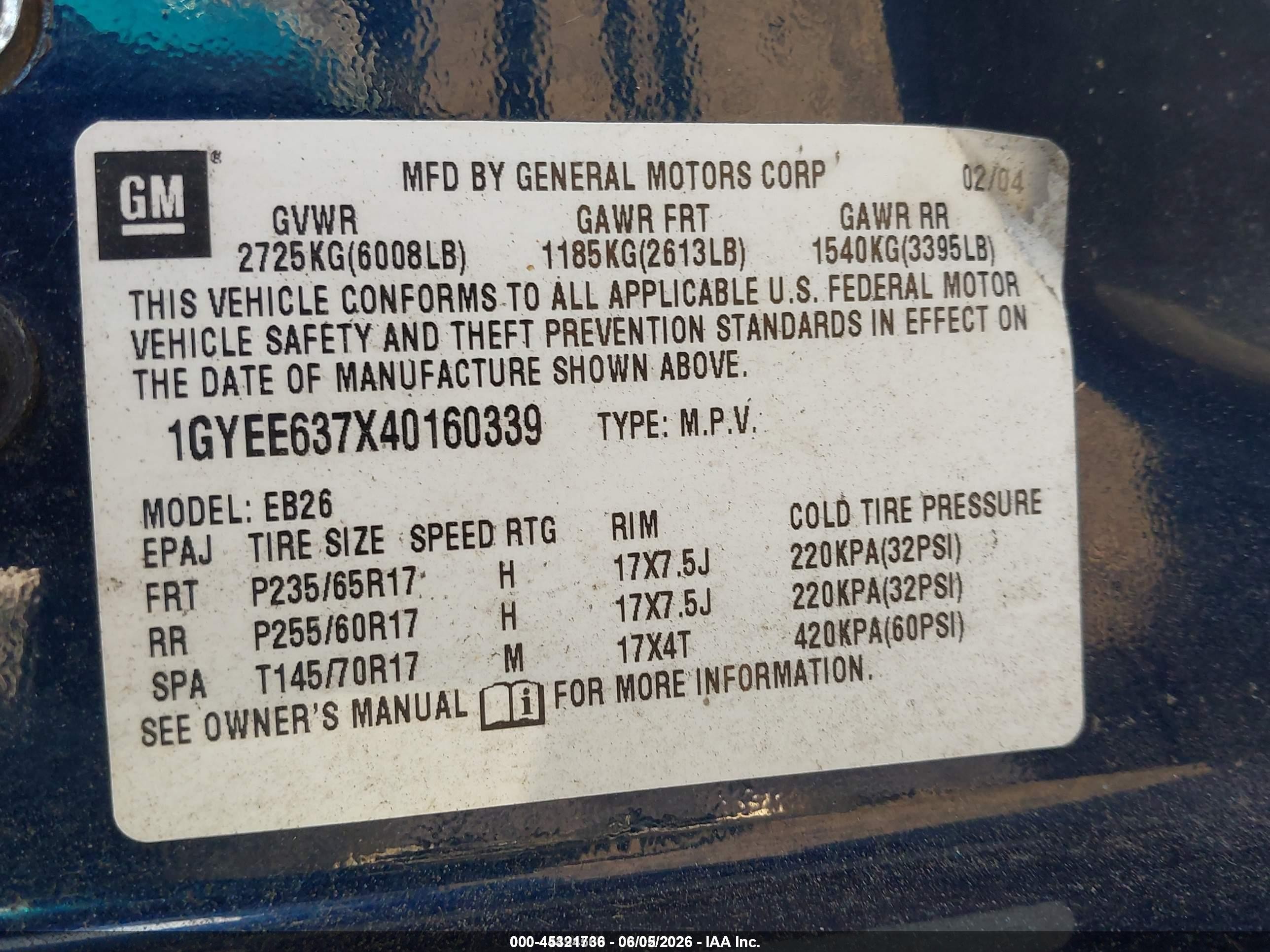 2004 Cadillac Srx Standard Blue vin: 1GYEE637X40160339