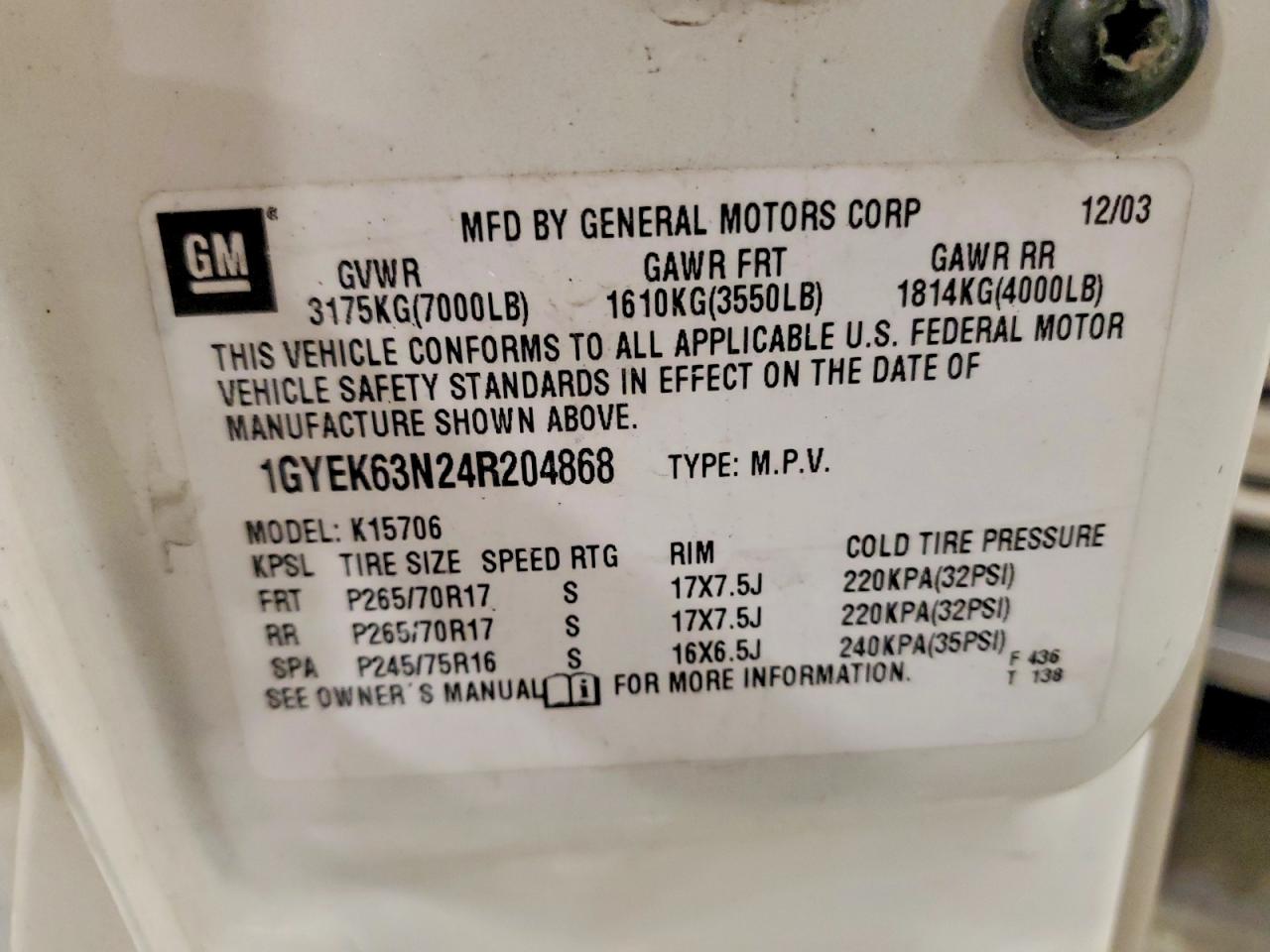 2004 Cadillac Escalade Luxury White vin: 1GYEK63N24R204868