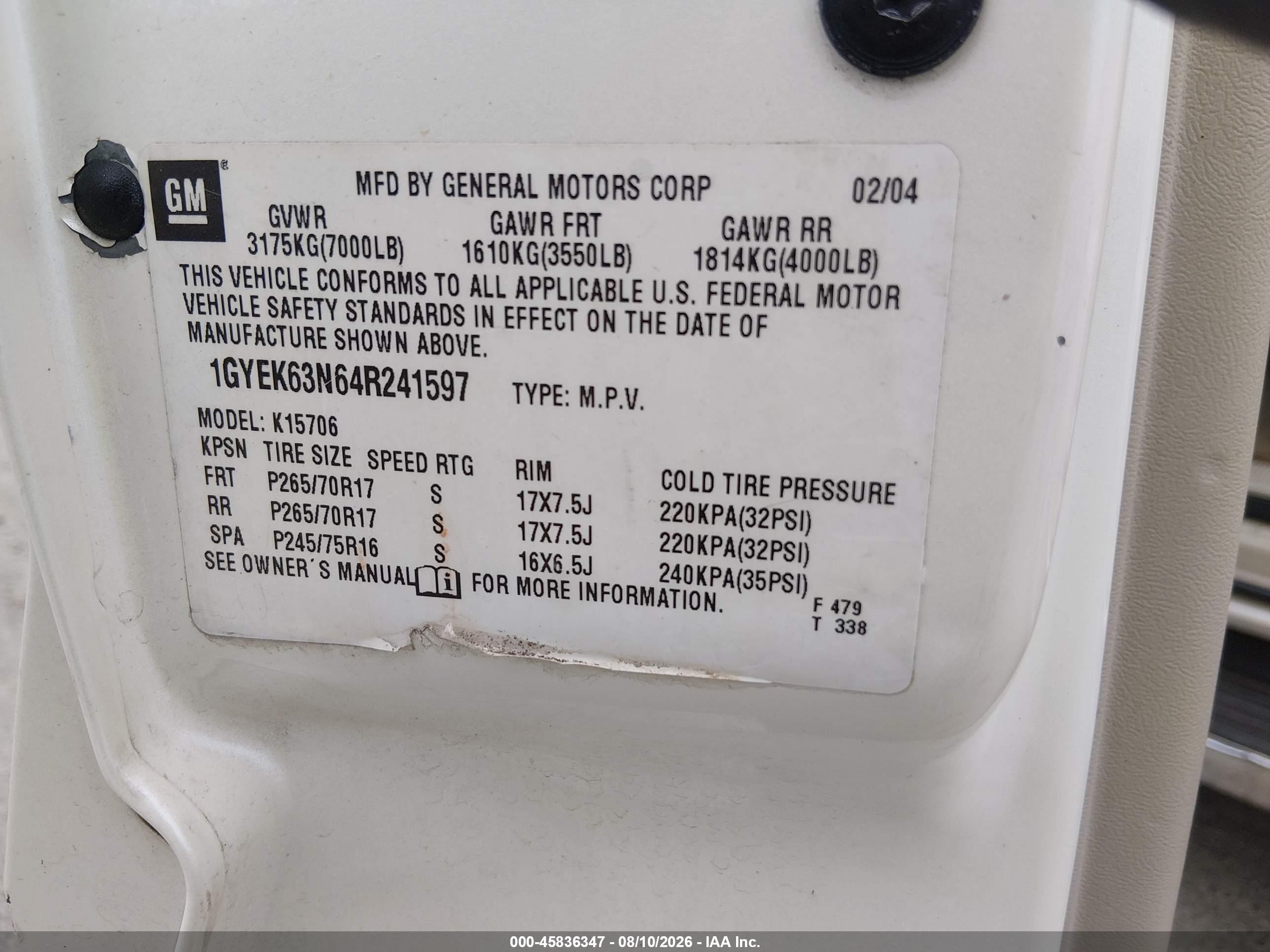 2004 Cadillac Escalade Standard White vin: 1GYEK63N64R241597