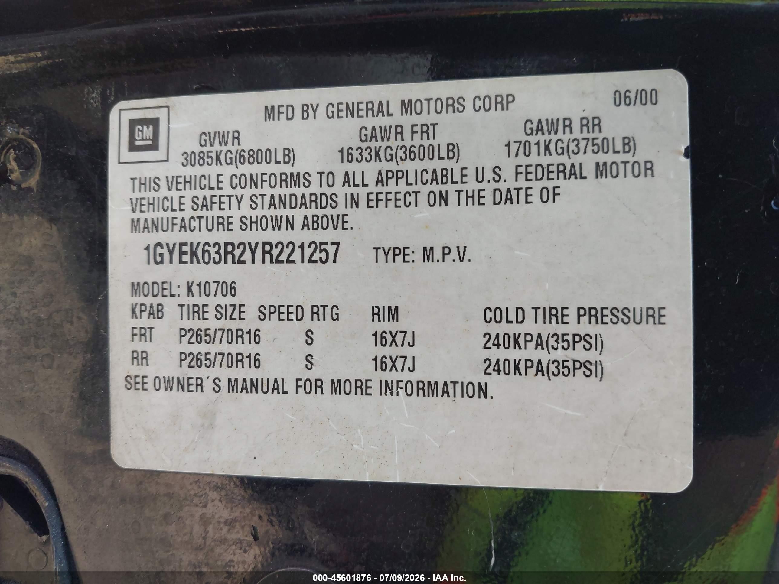 2000 Cadillac Escalade Standard Black vin: 1GYEK63R2YR221257