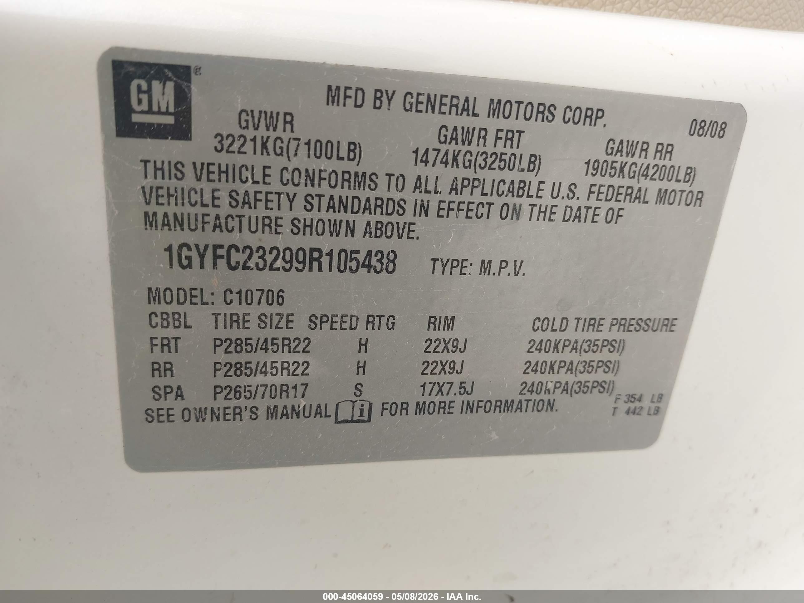 2009 Cadillac Escalade Standard White vin: 1GYFC23299R105438