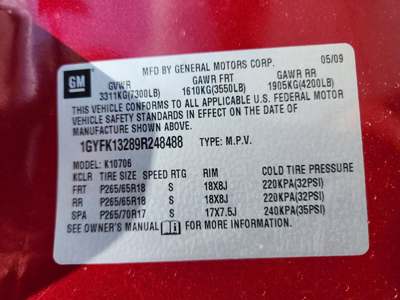2009 Cadillac Escalade Burgundy vin: 1GYFK13289R248488