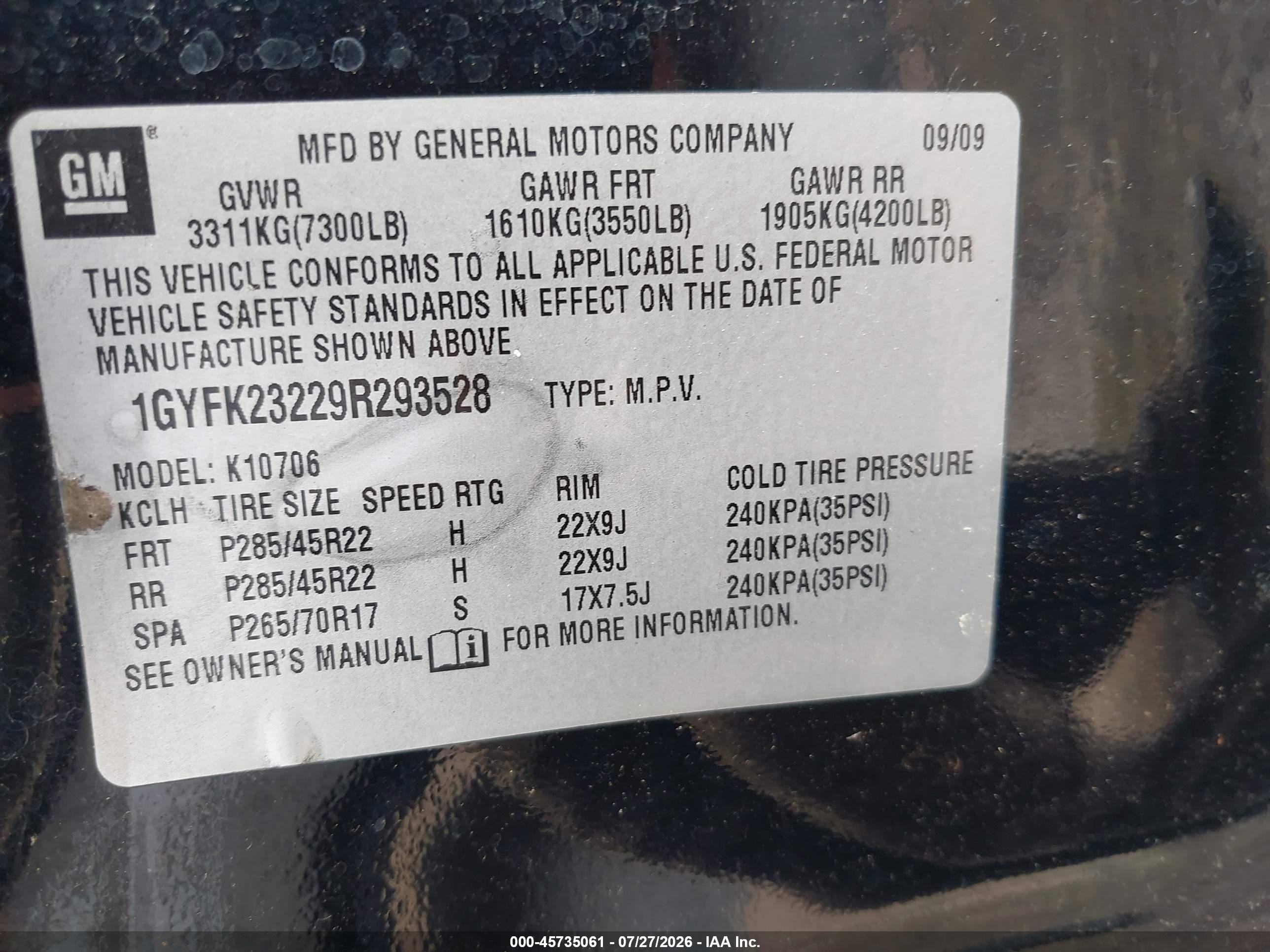 2009 Cadillac Escalade Standard Black vin: 1GYFK23229R293528
