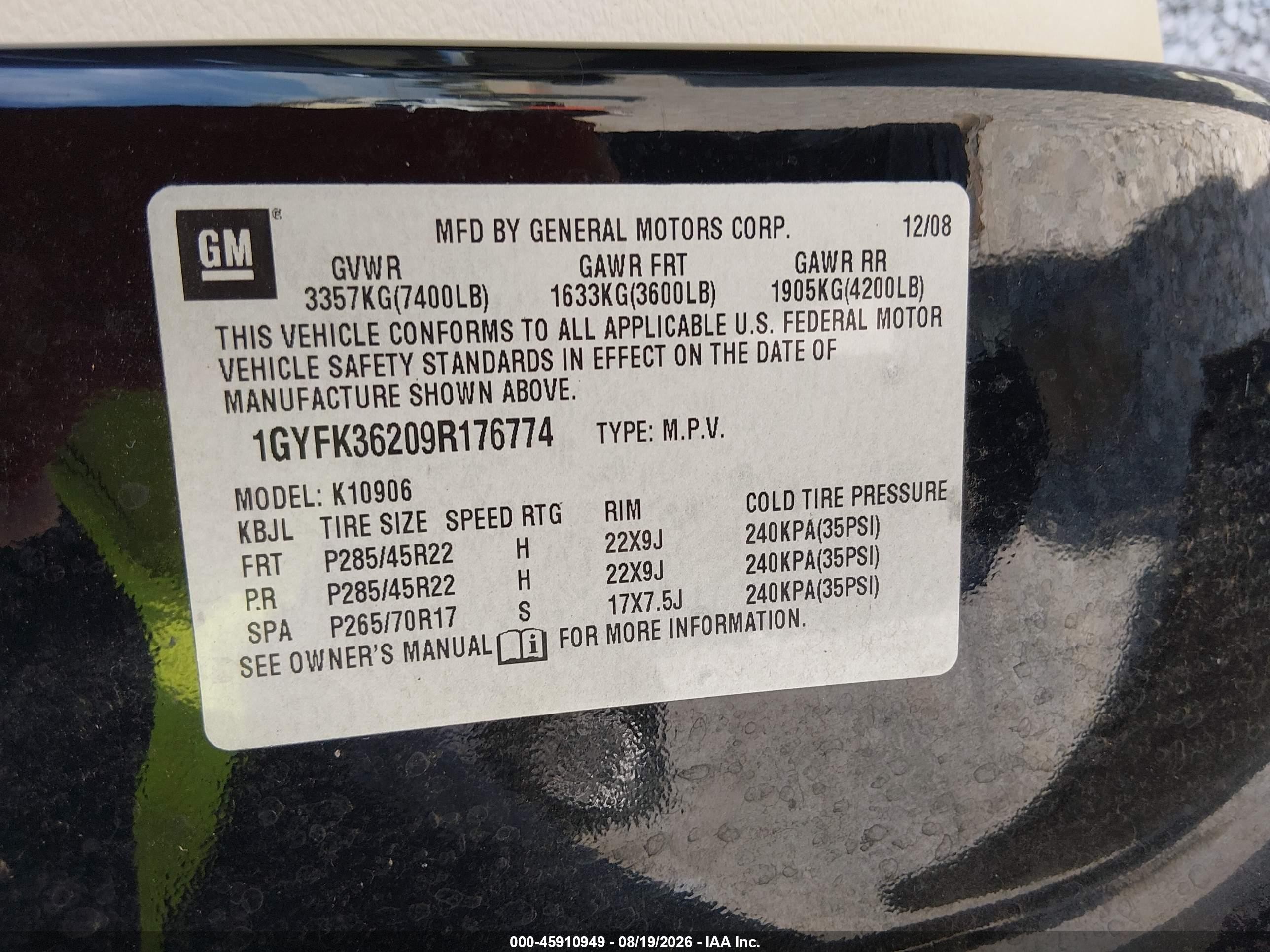 2009 Cadillac Escalade Esv Platinum Edition Black vin: 1GYFK36209R176774