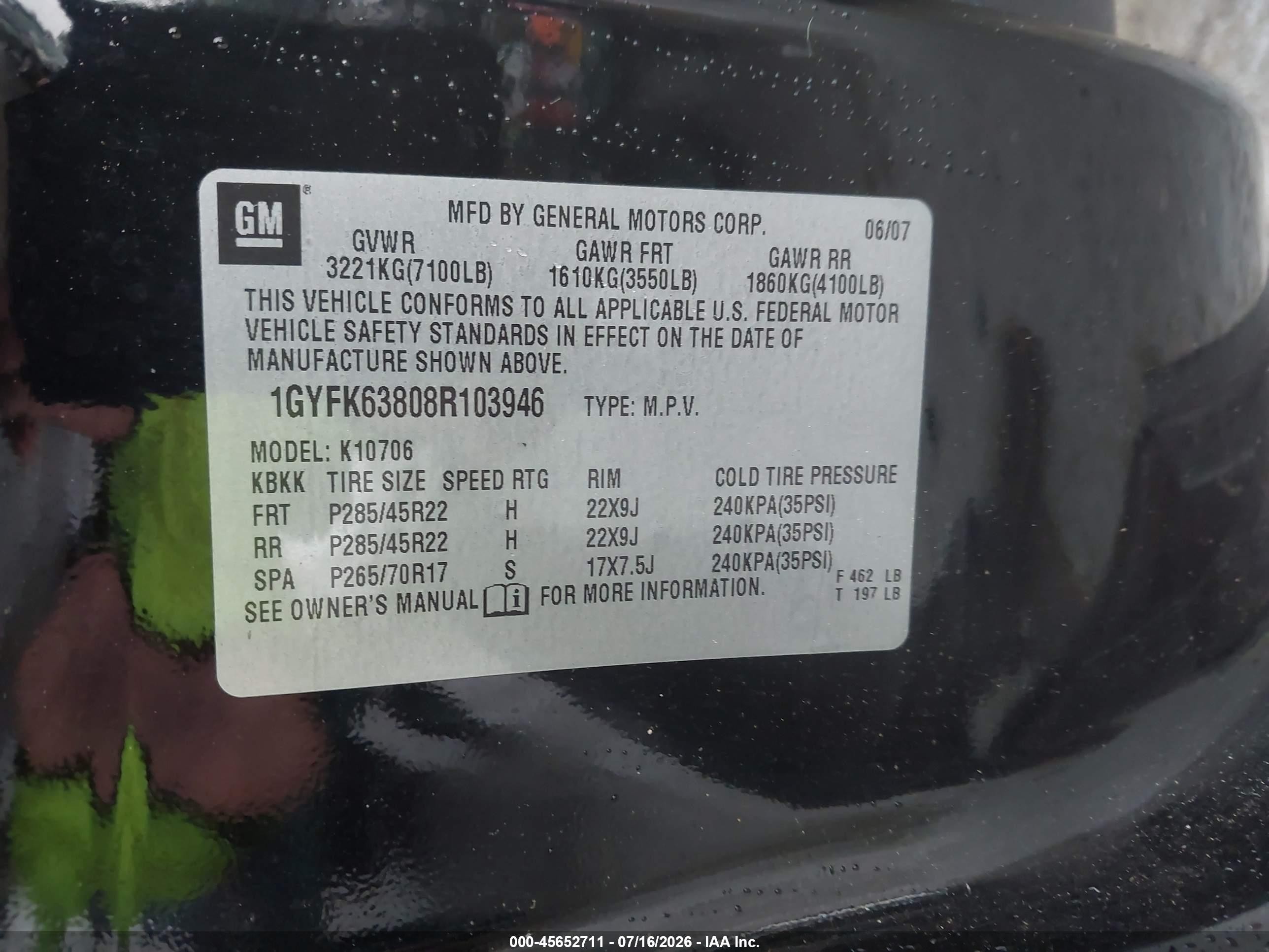 2008 Cadillac Escalade   Black vin: 1GYFK63808R103946