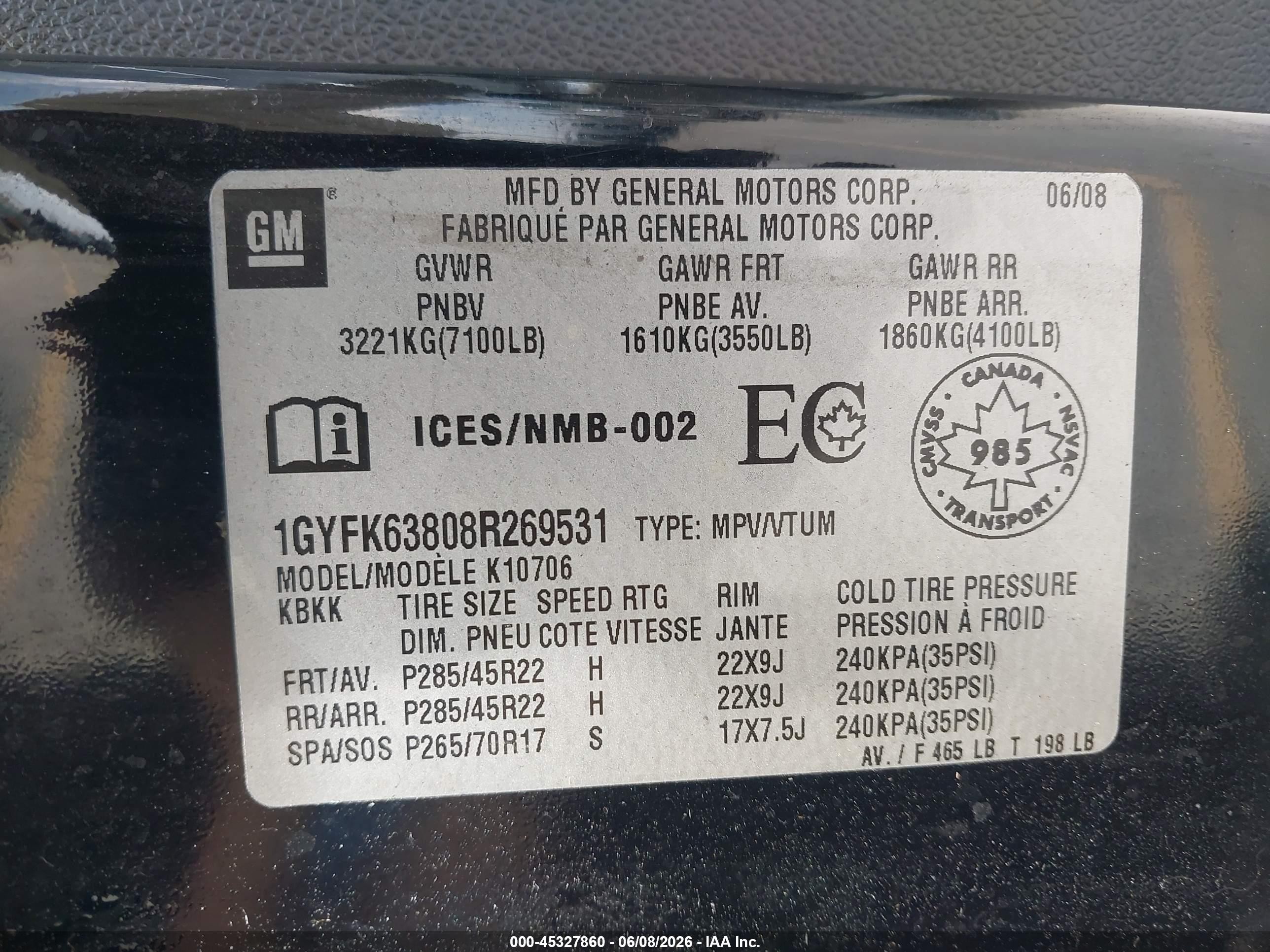 2008 Cadillac Escalade Standard Black vin: 1GYFK63808R269531