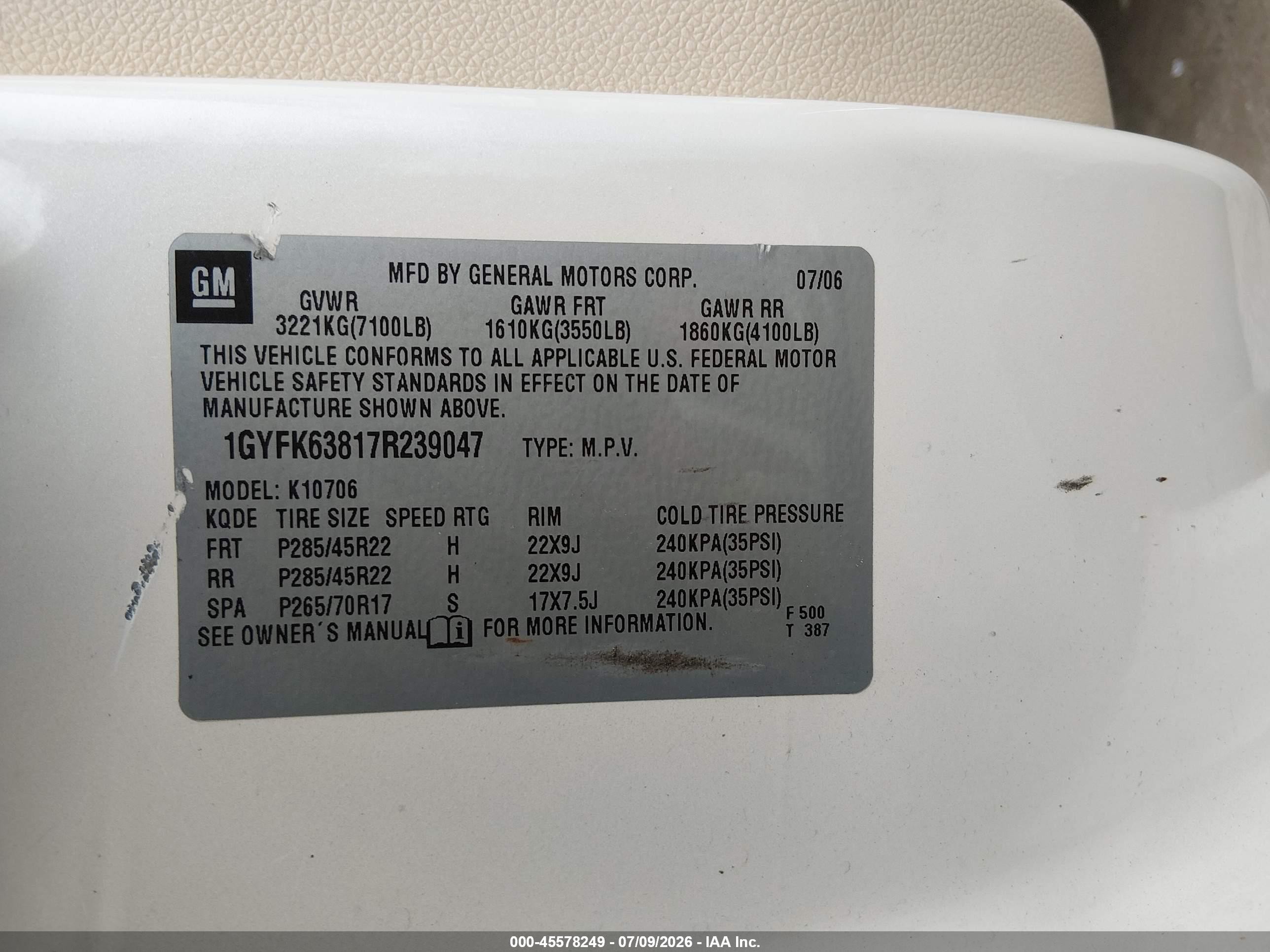 2007 Cadillac Escalade   Белый vin: 1GYFK63817R239047
