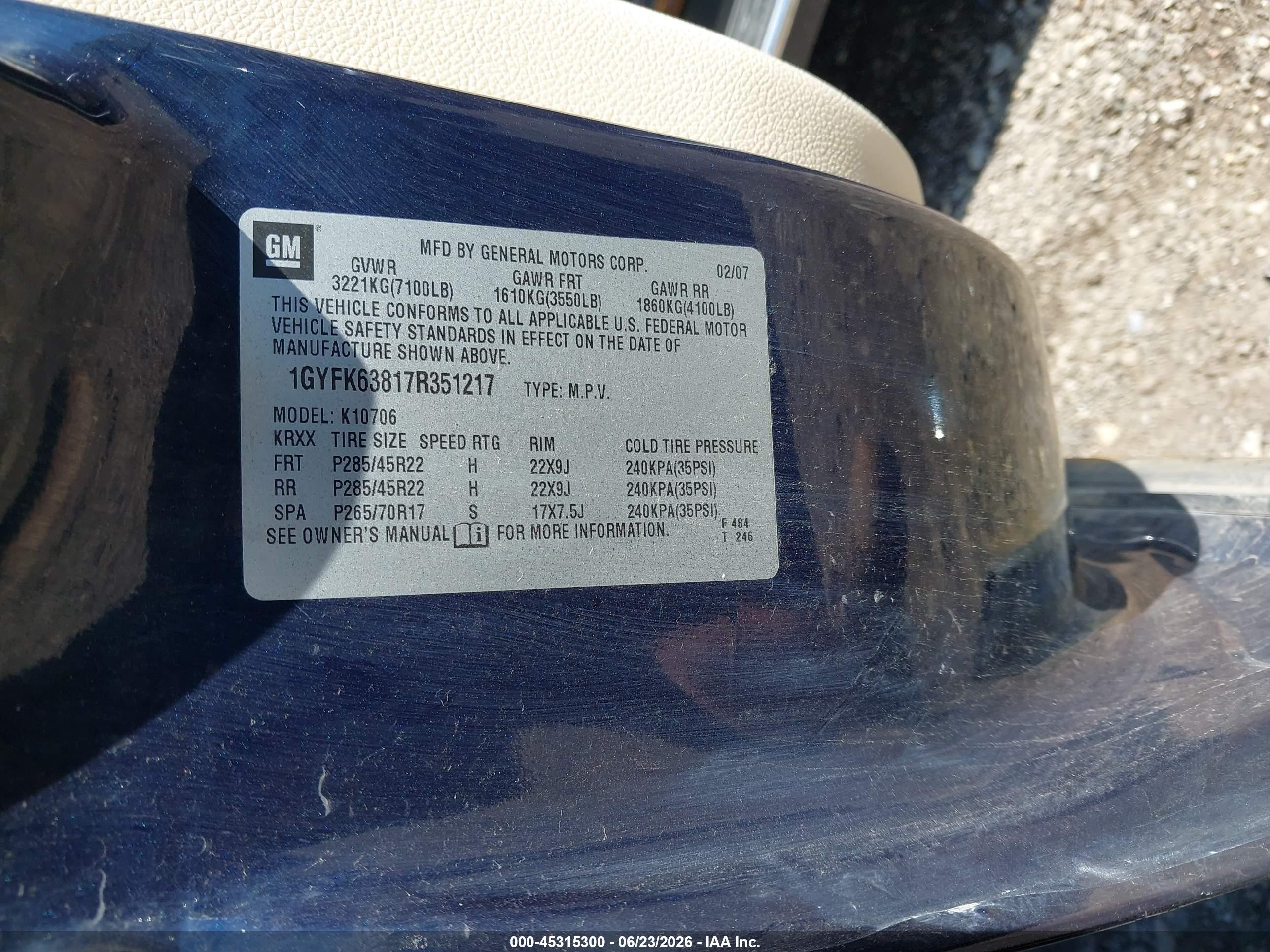 2007 Cadillac Escalade Standard Blue vin: 1GYFK63817R351217