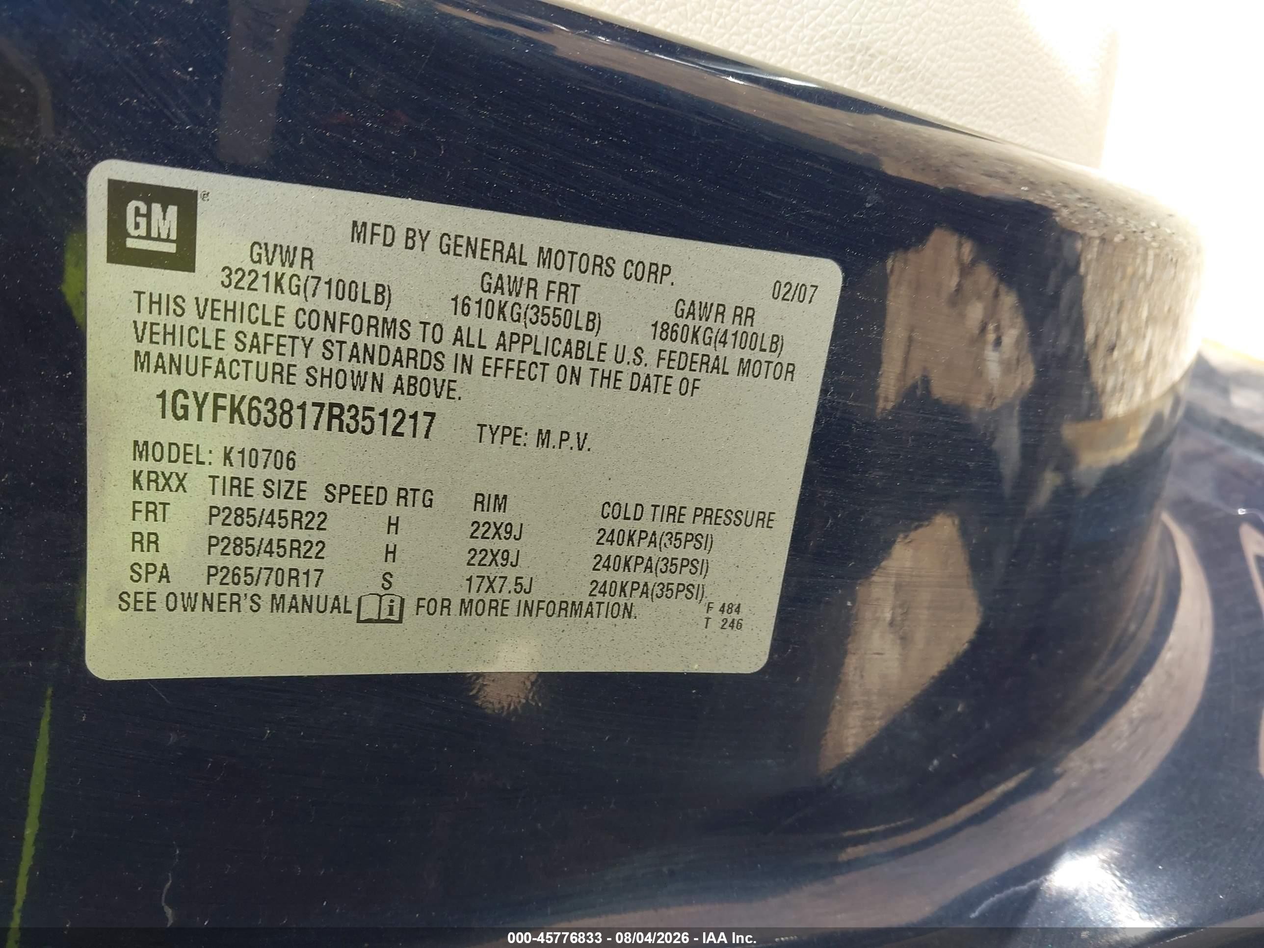 2007 Cadillac Escalade Standard Blue vin: 1GYFK63817R351217