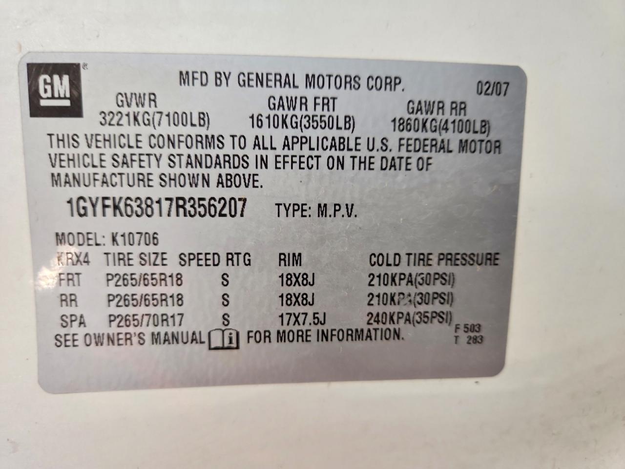 2007 Cadillac Escalade Luxury White vin: 1GYFK63817R356207