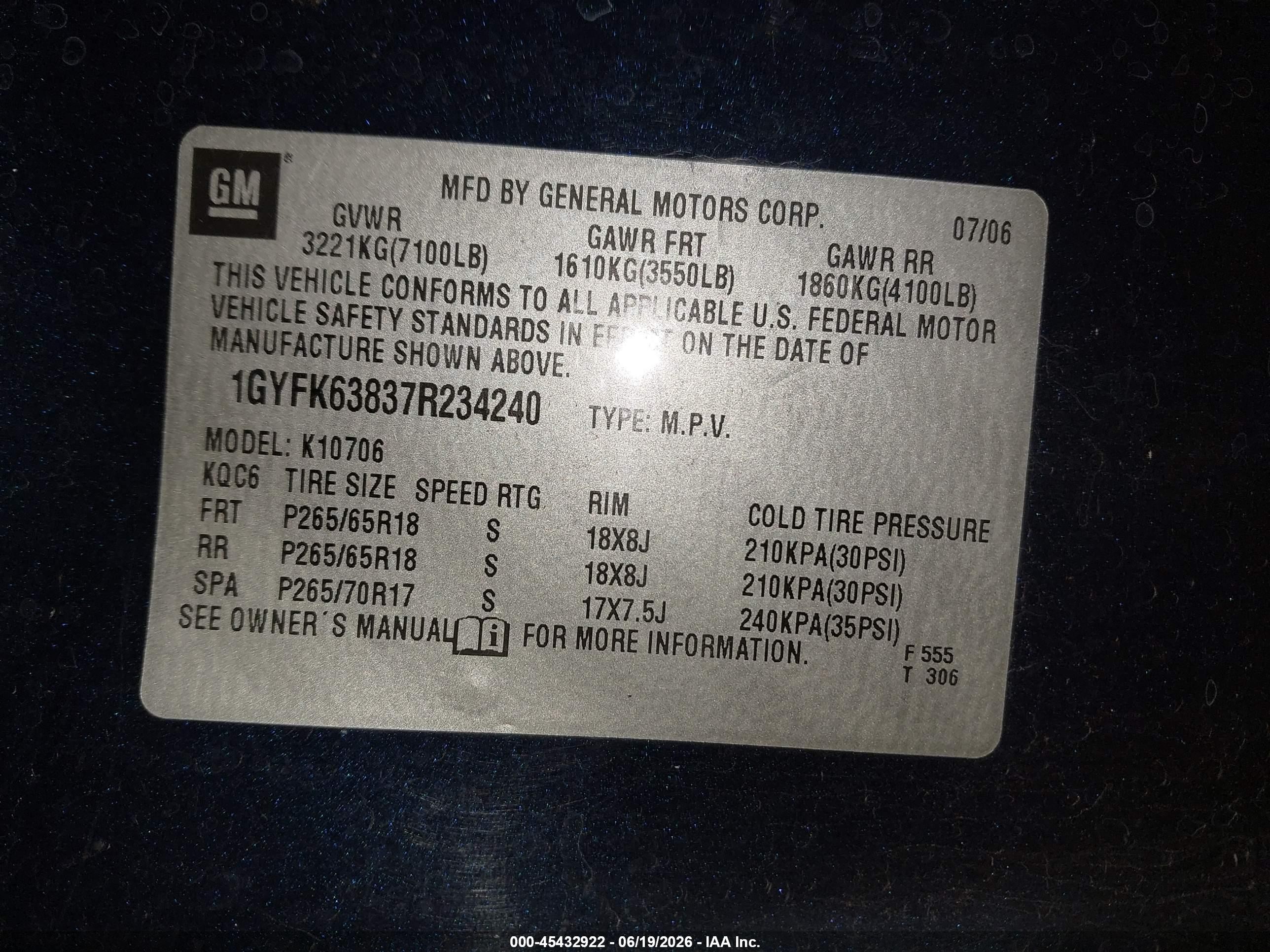 2007 Cadillac Escalade   Blue vin: 1GYFK63837R234240