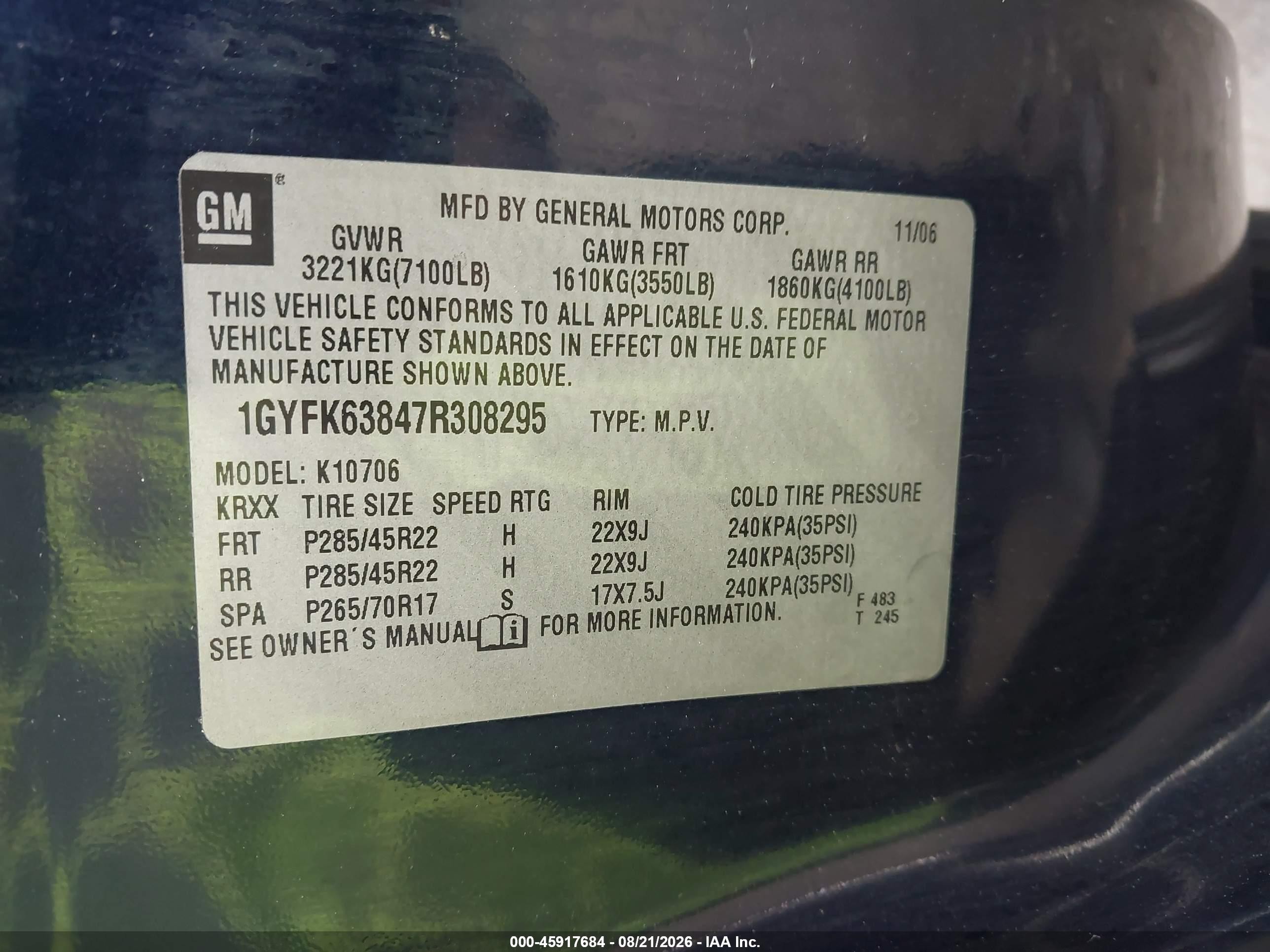 2007 Cadillac Escalade   Blue vin: 1GYFK63847R308295
