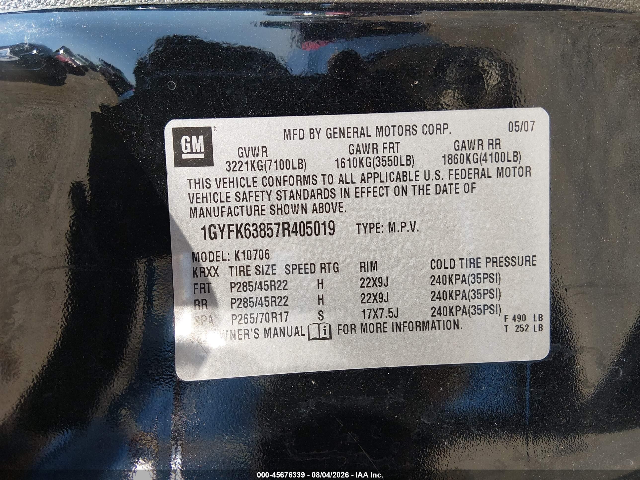 2007 Cadillac Escalade   Black vin: 1GYFK63857R405019
