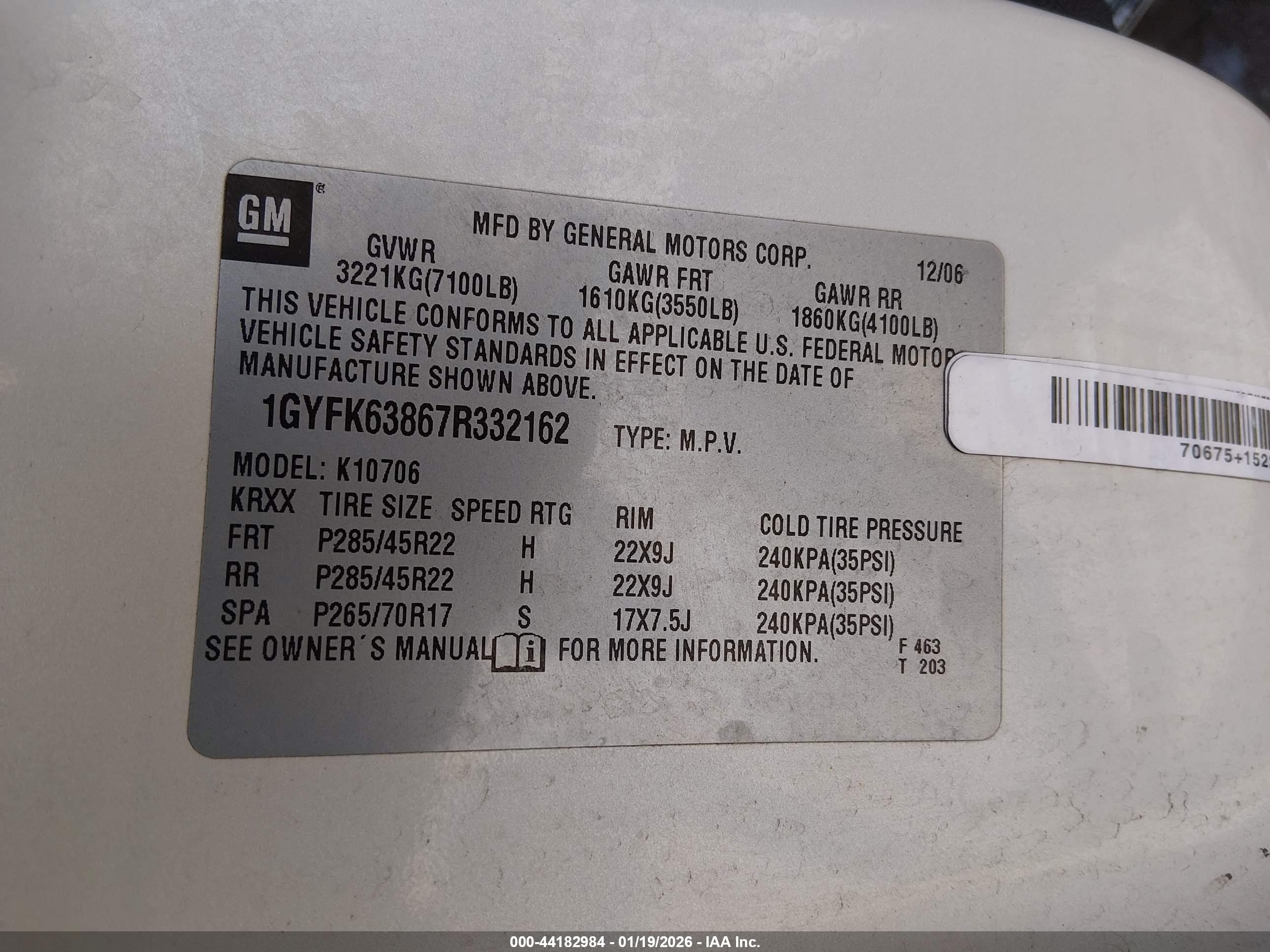 2007 Cadillac Escalade Standard Белый vin: 1GYFK63867R332162