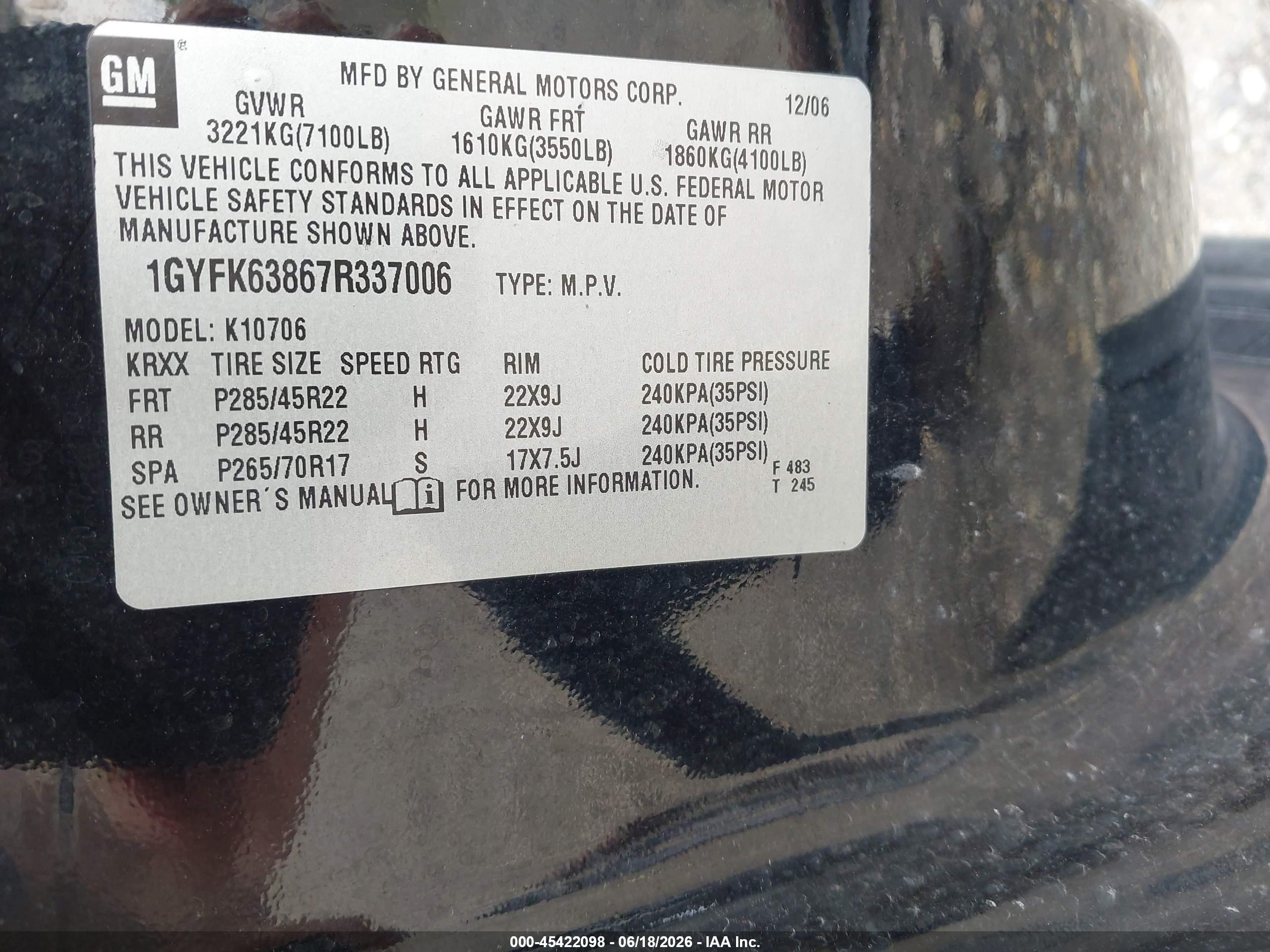 2007 Cadillac Escalade   Black vin: 1GYFK63867R337006