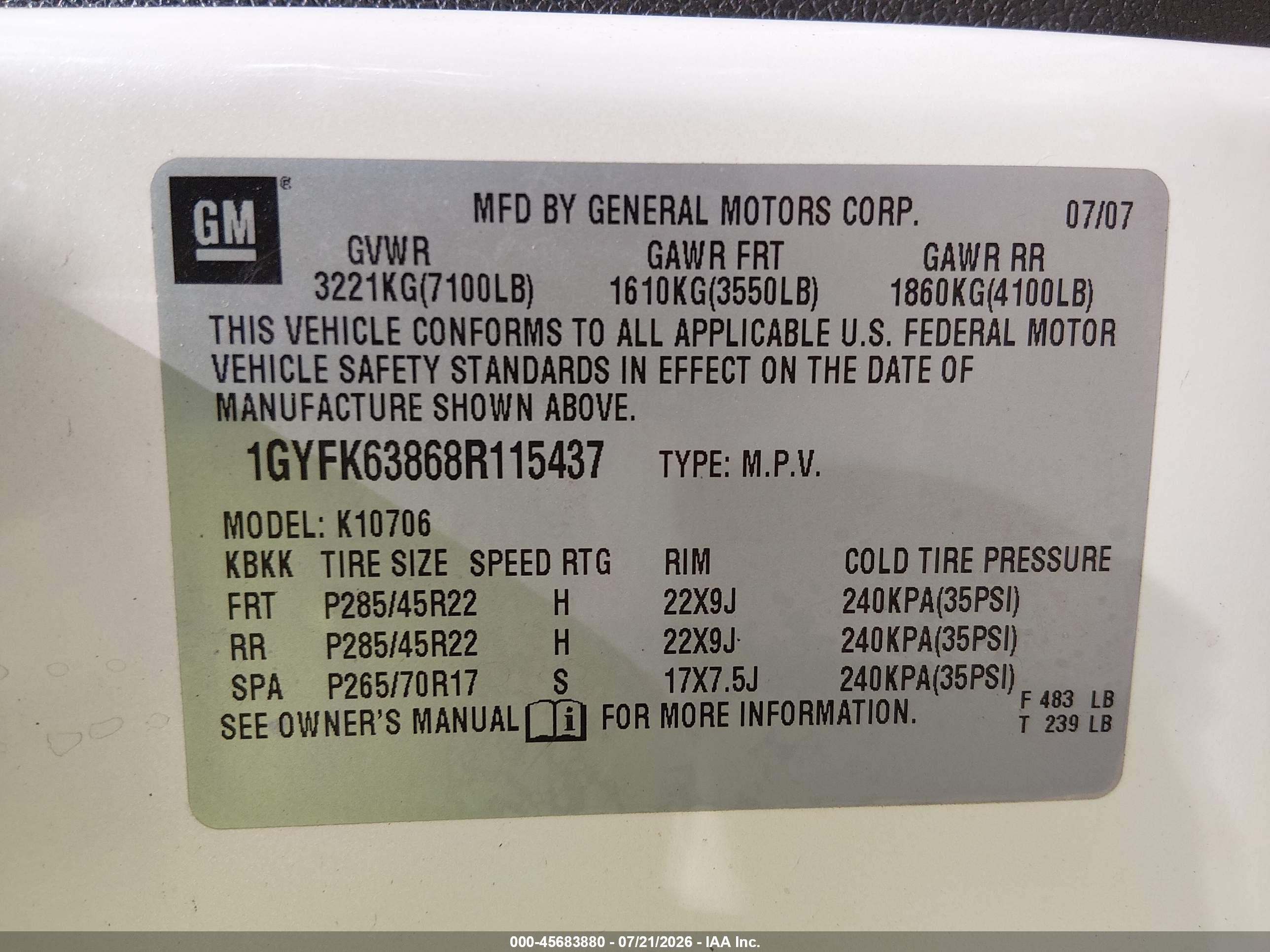 2008 Cadillac Escalade   White vin: 1GYFK63868R115437