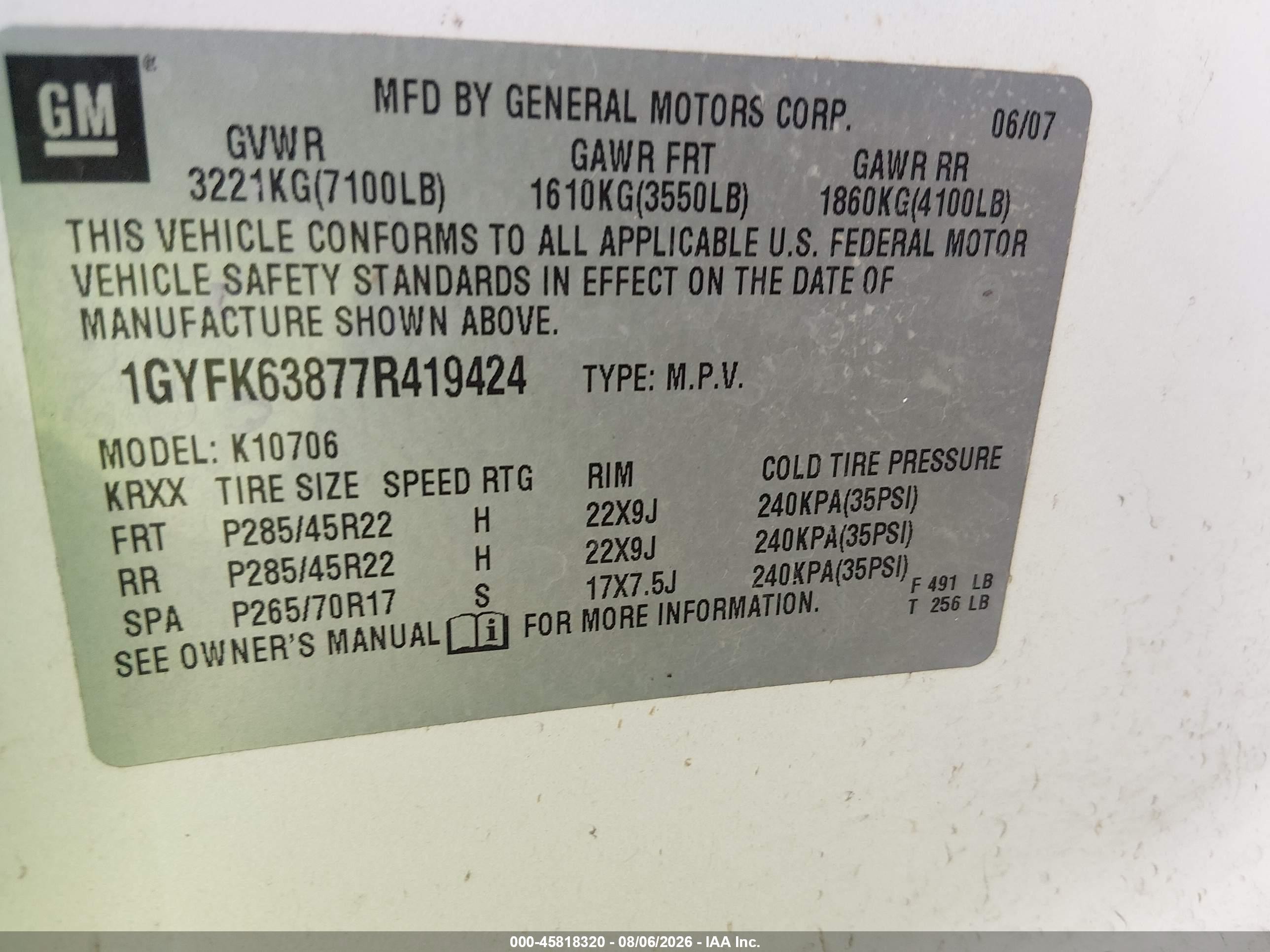 2007 Cadillac Escalade   White vin: 1GYFK63877R419424