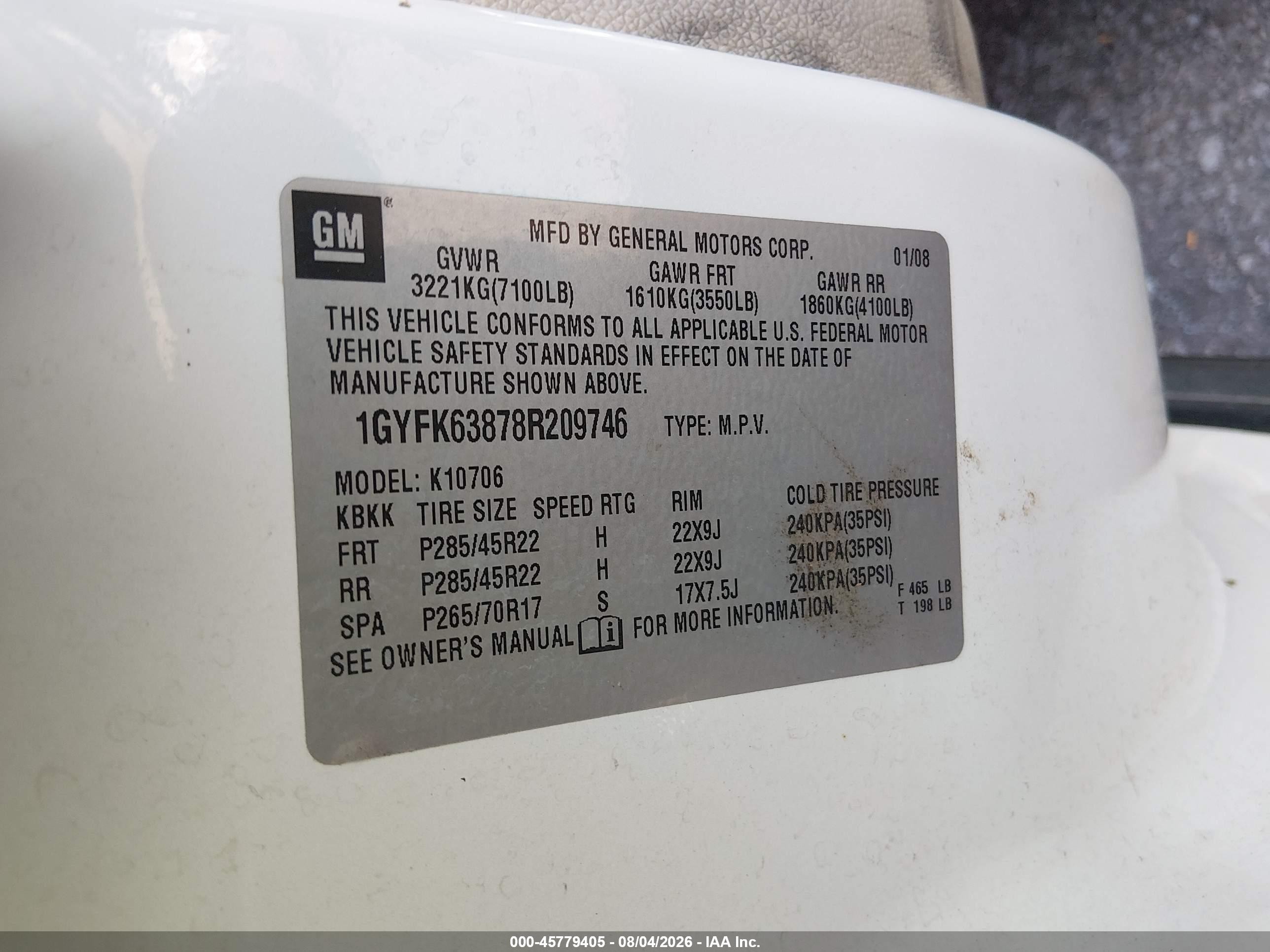 2008 Cadillac Escalade White vin: 1GYFK63878R209746