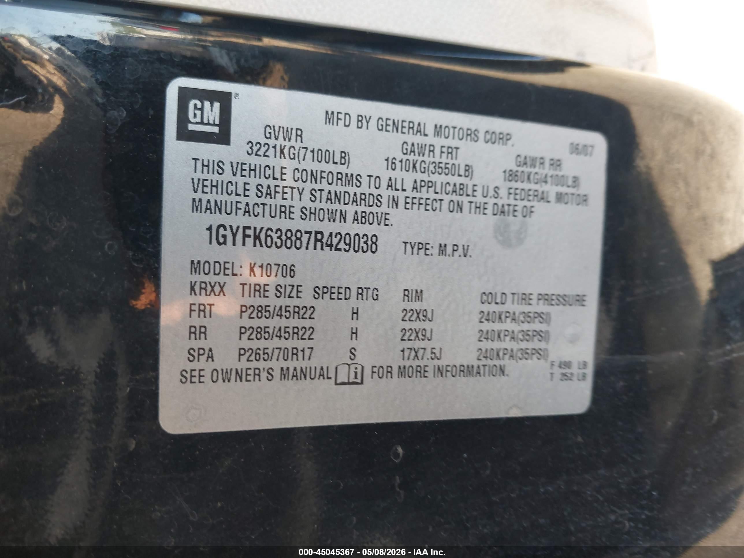 2007 Cadillac Escalade Standard Black vin: 1GYFK63887R429038