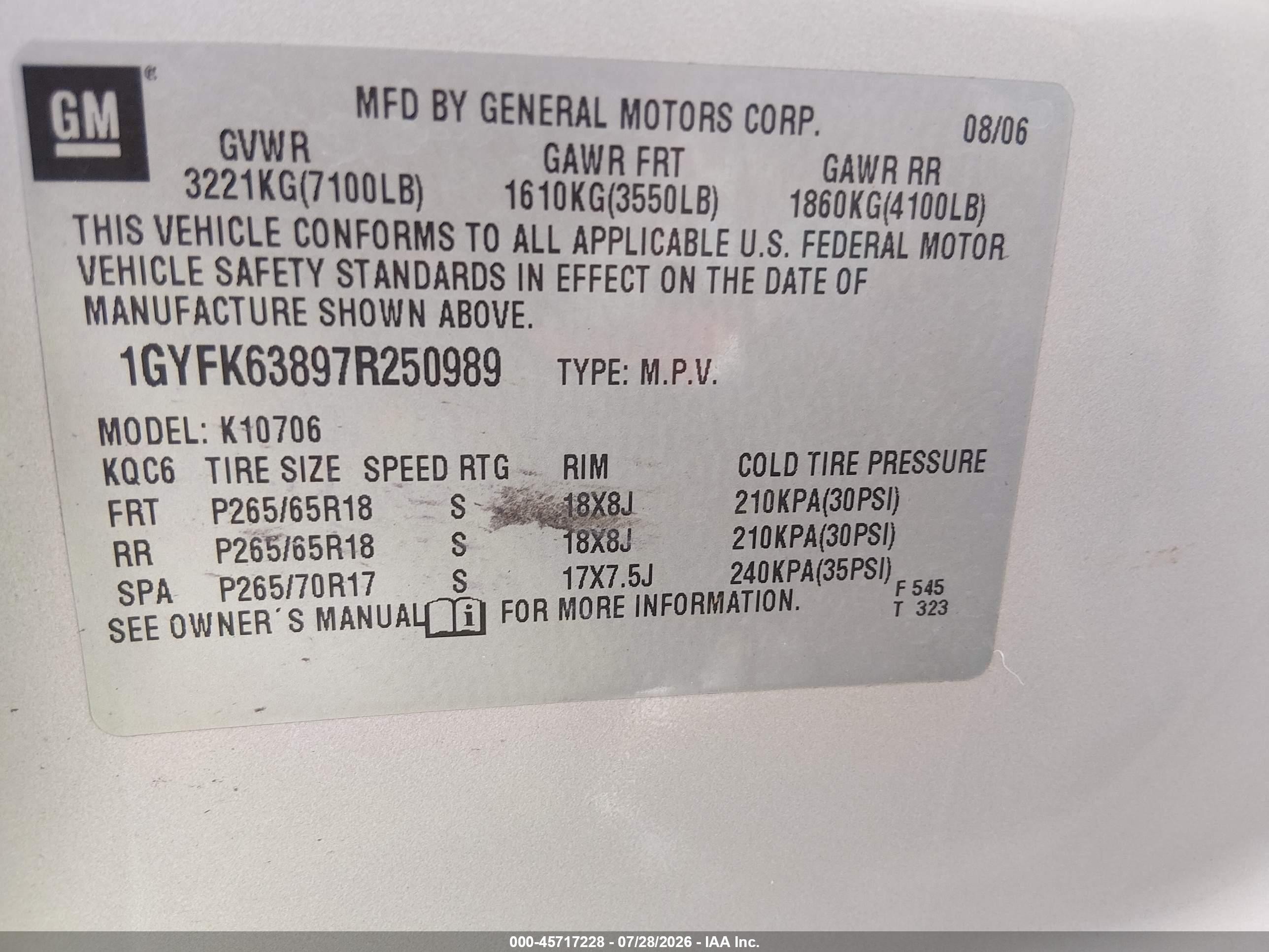 2007 Cadillac Escalade   Gold vin: 1GYFK63897R250989