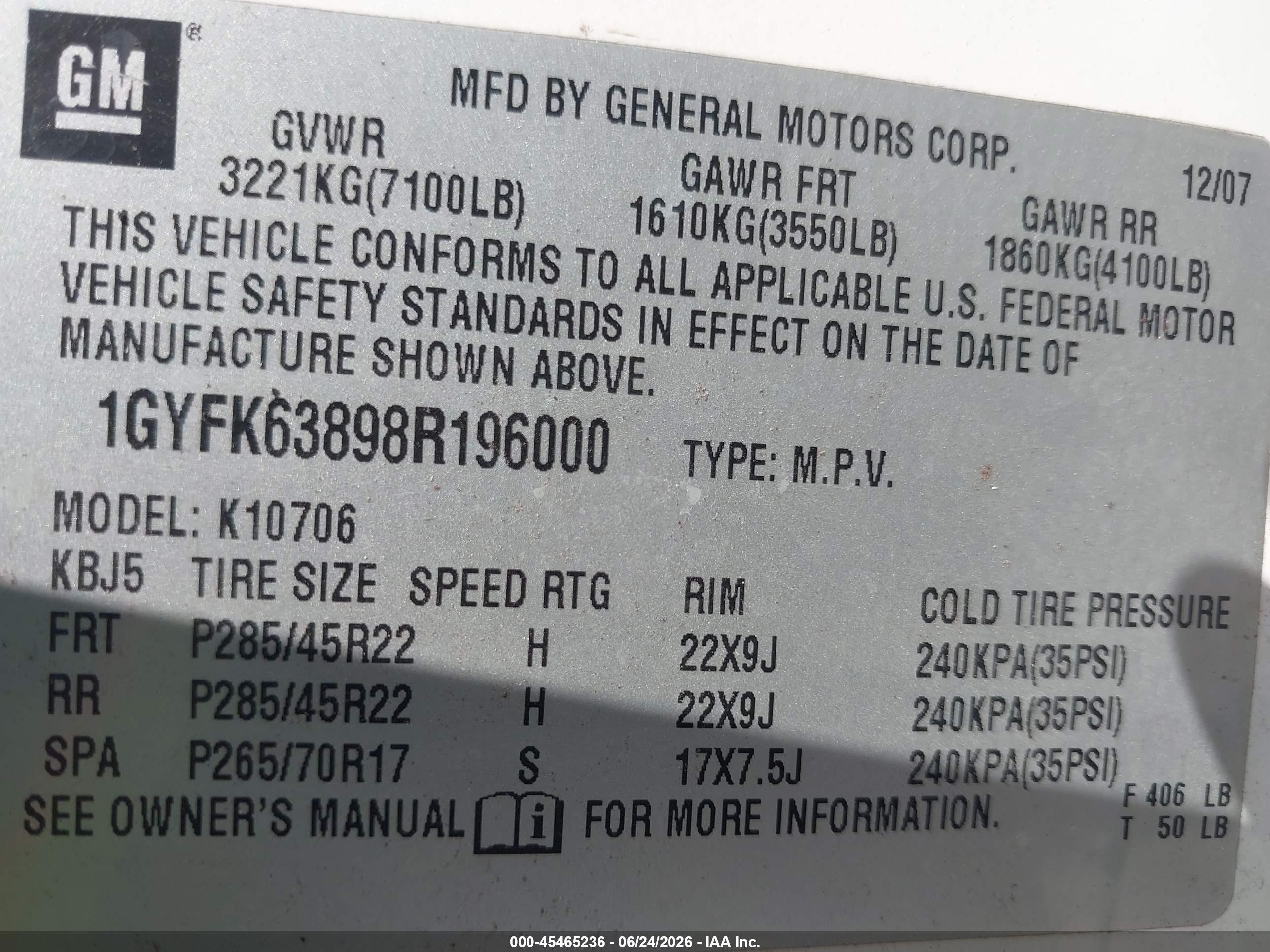 2008 Cadillac Escalade   White vin: 1GYFK63898R196000