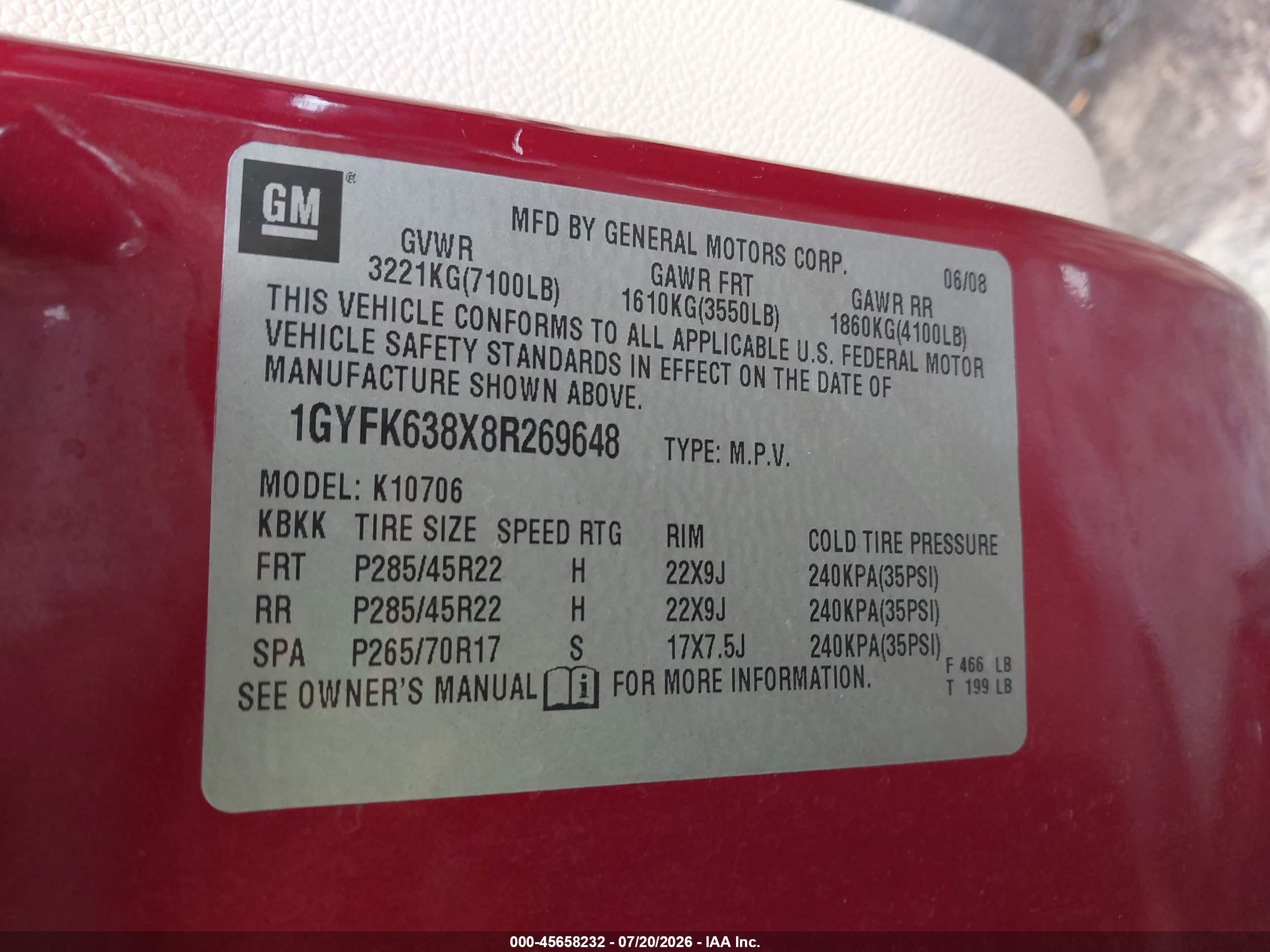 2008 Cadillac Escalade   Red vin: 1GYFK638X8R269648