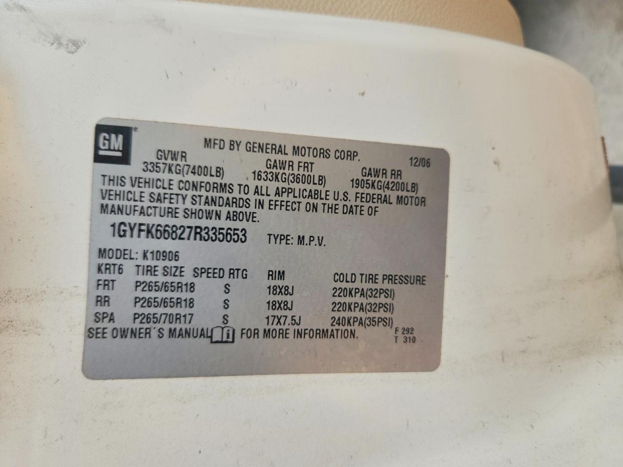 2007 Cadillac Escalade Esv White vin: 1GYFK66827R335653
