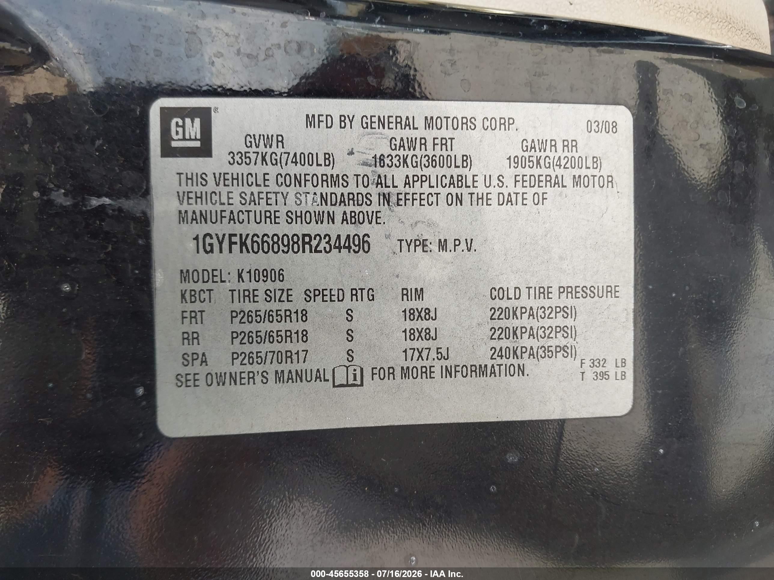 2008 Cadillac Escalade Esv   Black vin: 1GYFK66898R234496