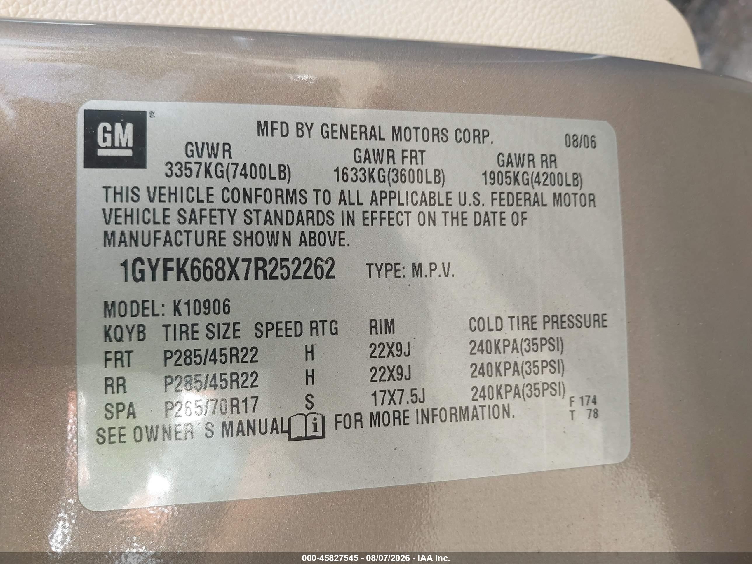 2007 Cadillac Escalade Esv Standard Tan vin: 1GYFK668X7R252262