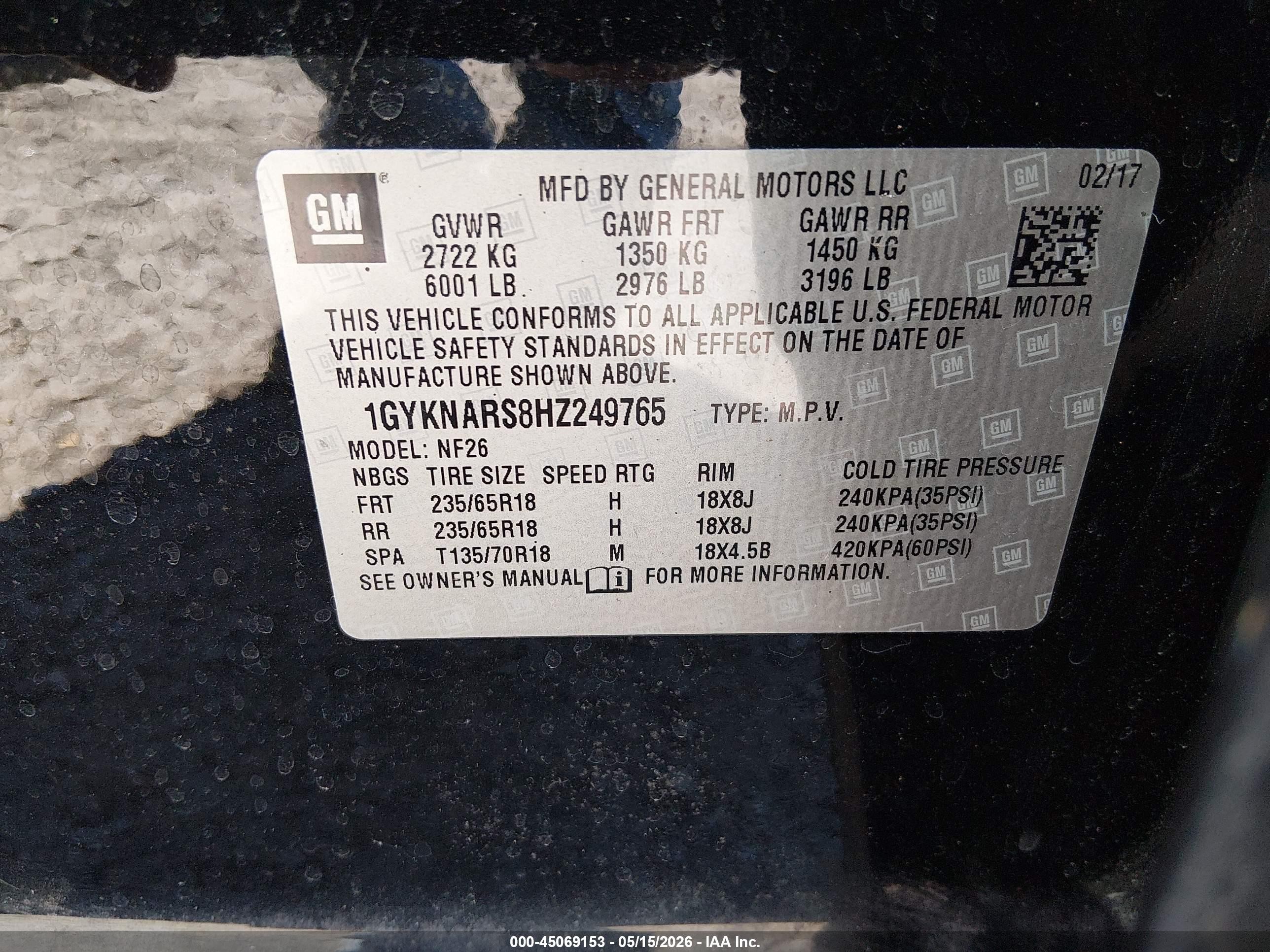 2017 Cadillac Xt5 Standard Black vin: 1GYKNARS8HZ249765