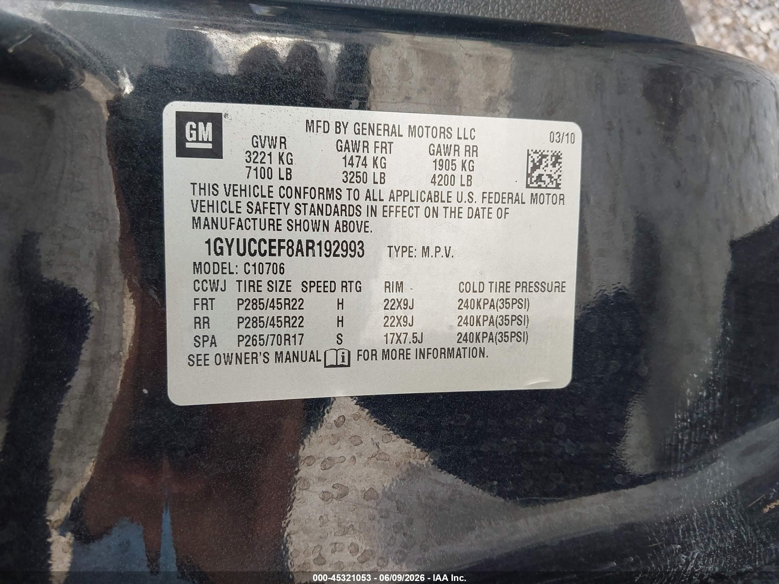 2010 Cadillac Escalade Premium Black vin: 1GYUCCEF8AR192993