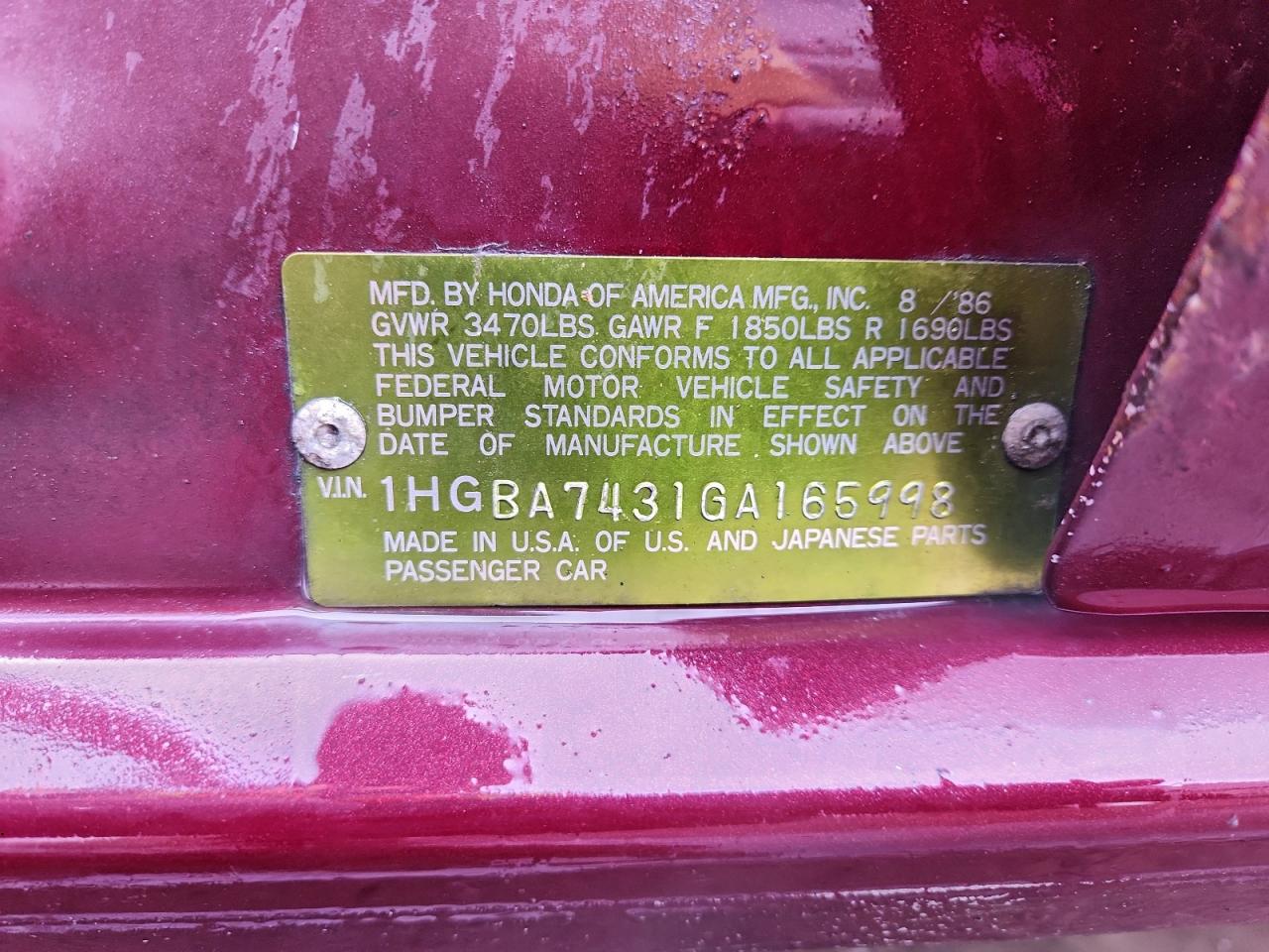 1986 Honda Accord Lx Burgundy vin: 1HGBA7431GA165998