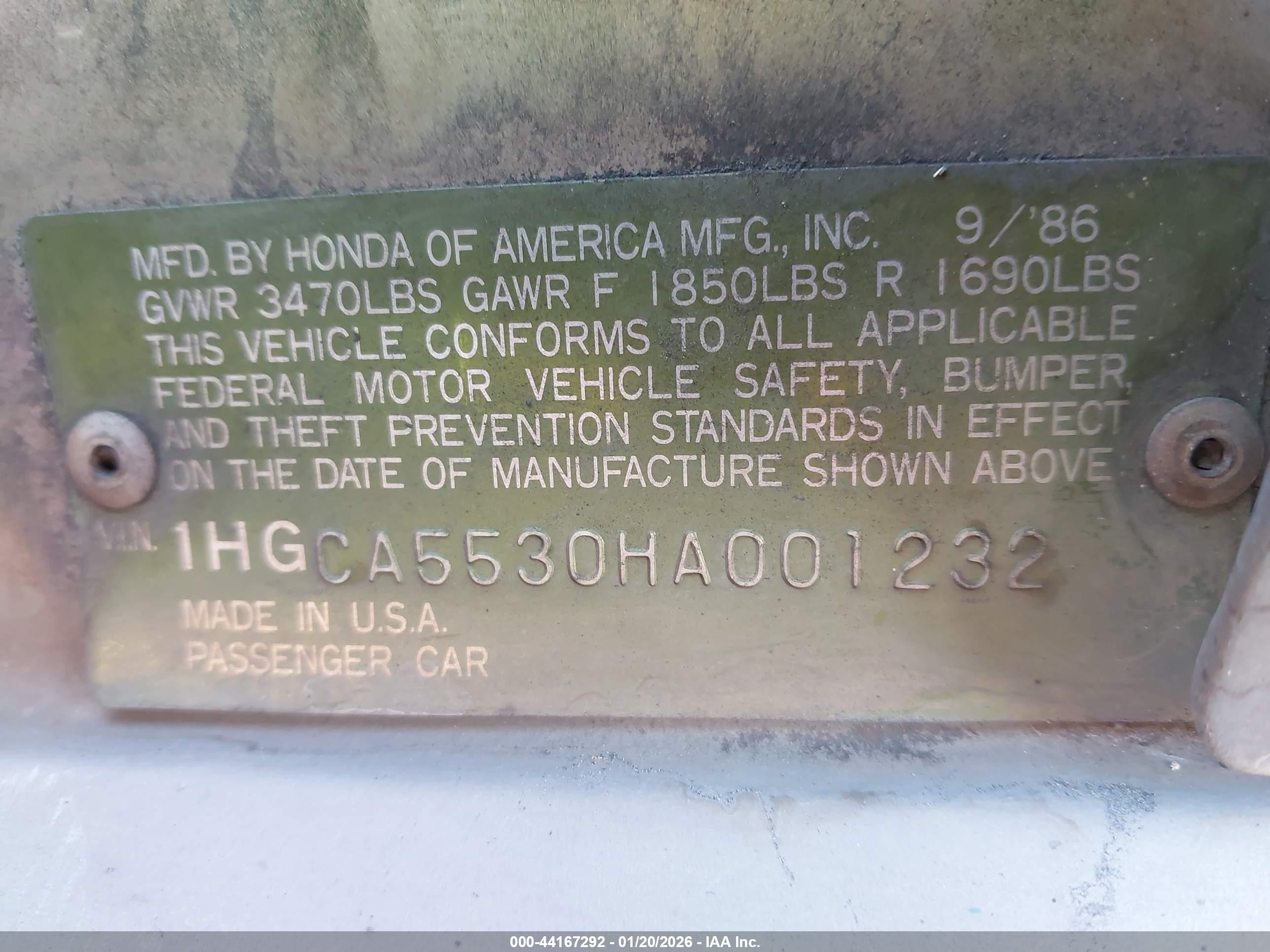 1987 Honda Accord Lx Gold vin: 1HGCA5530HA001232