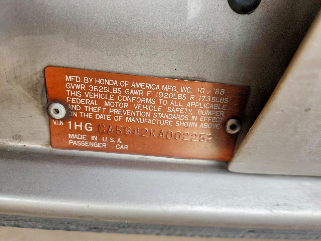 1989 Honda Accord Lxi Gray vin: 1HGCA5642KA002252