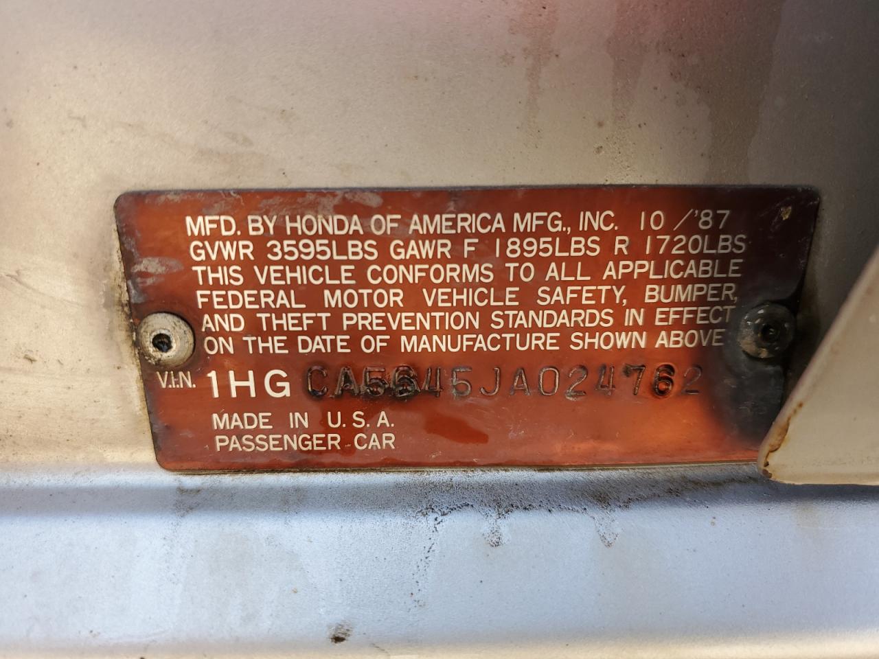 Price & History 1988 Honda Accord Lxi 2.0l 4 vin