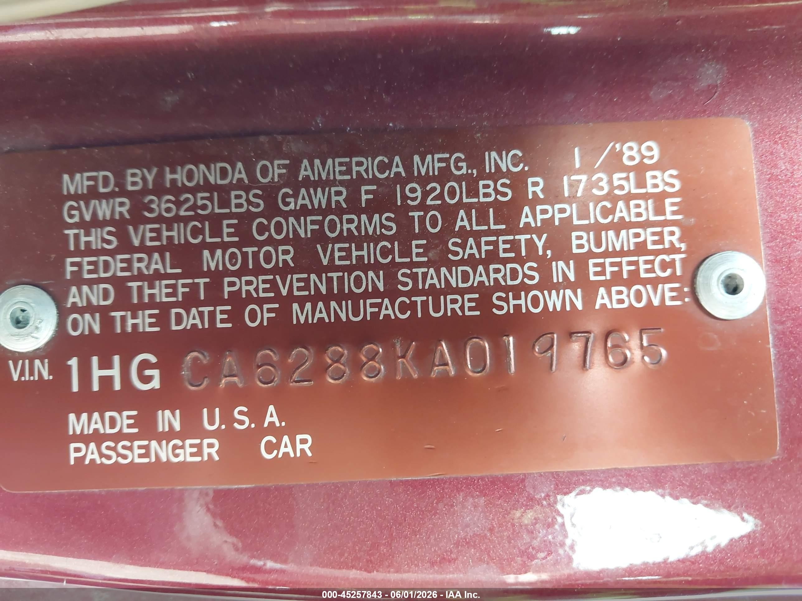 1989 Honda Accord Lxi Red vin: 1HGCA6288KA019765