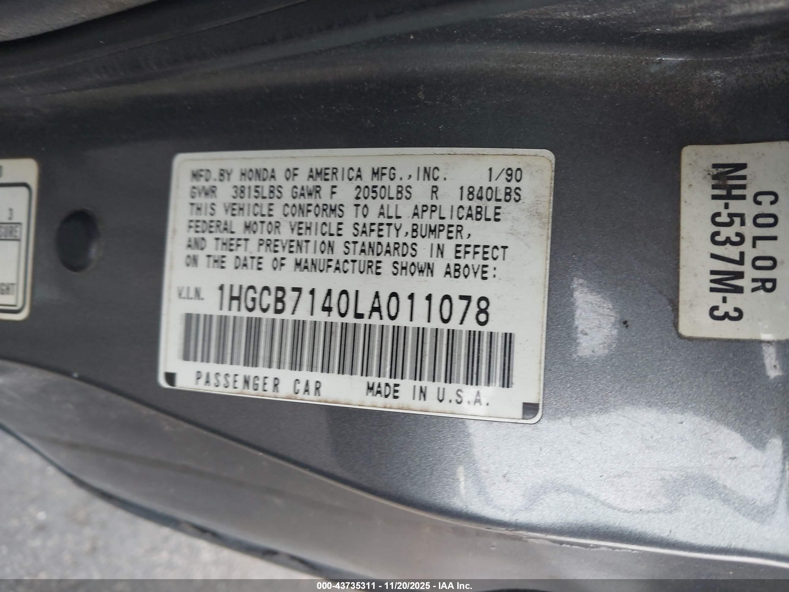 1990 Honda Accord Dx/lx Gray vin: 1HGCB7140LA011078
