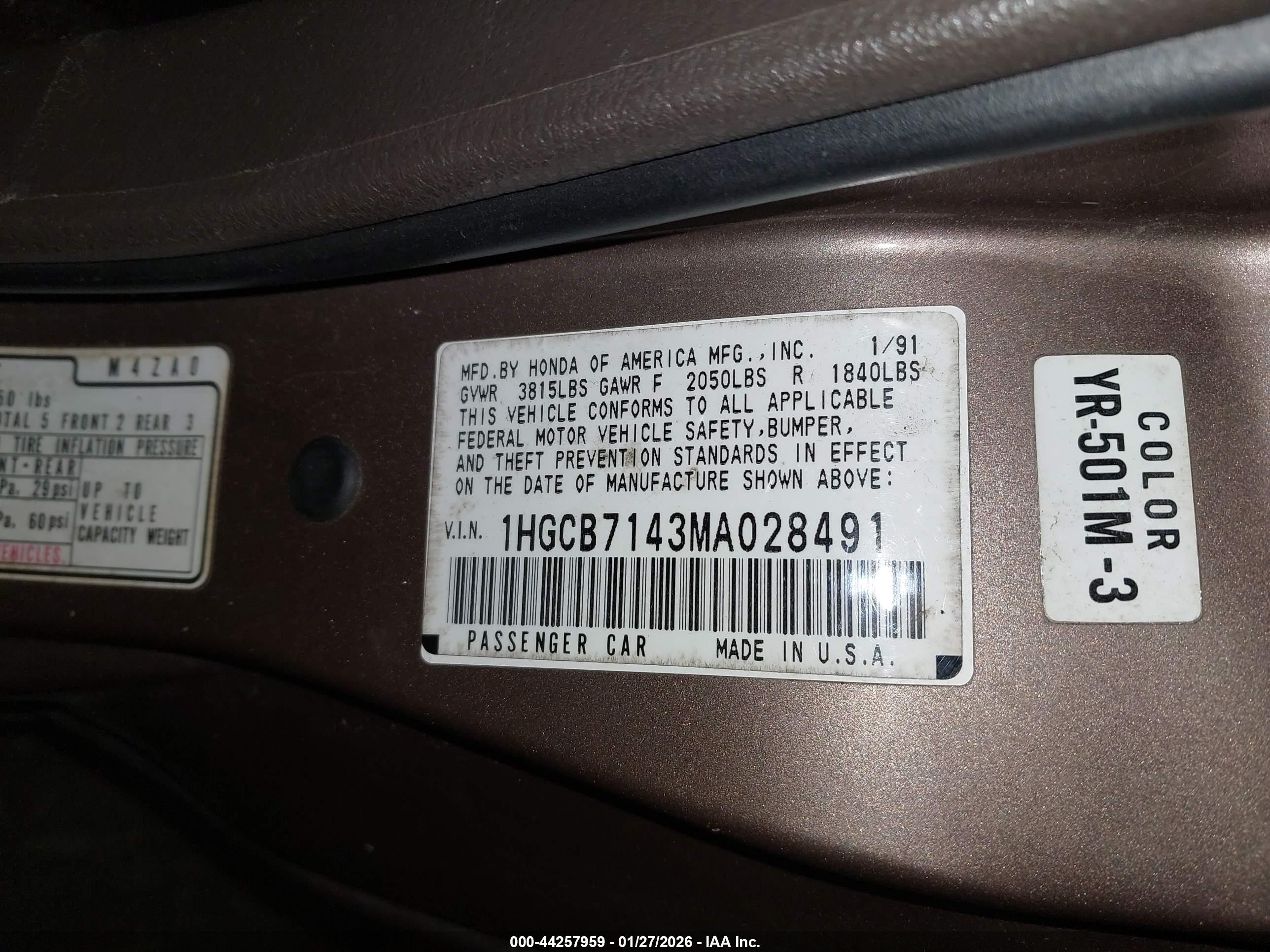 1991 Honda Accord Dx/lx Бежевый vin: 1HGCB7143MA028491