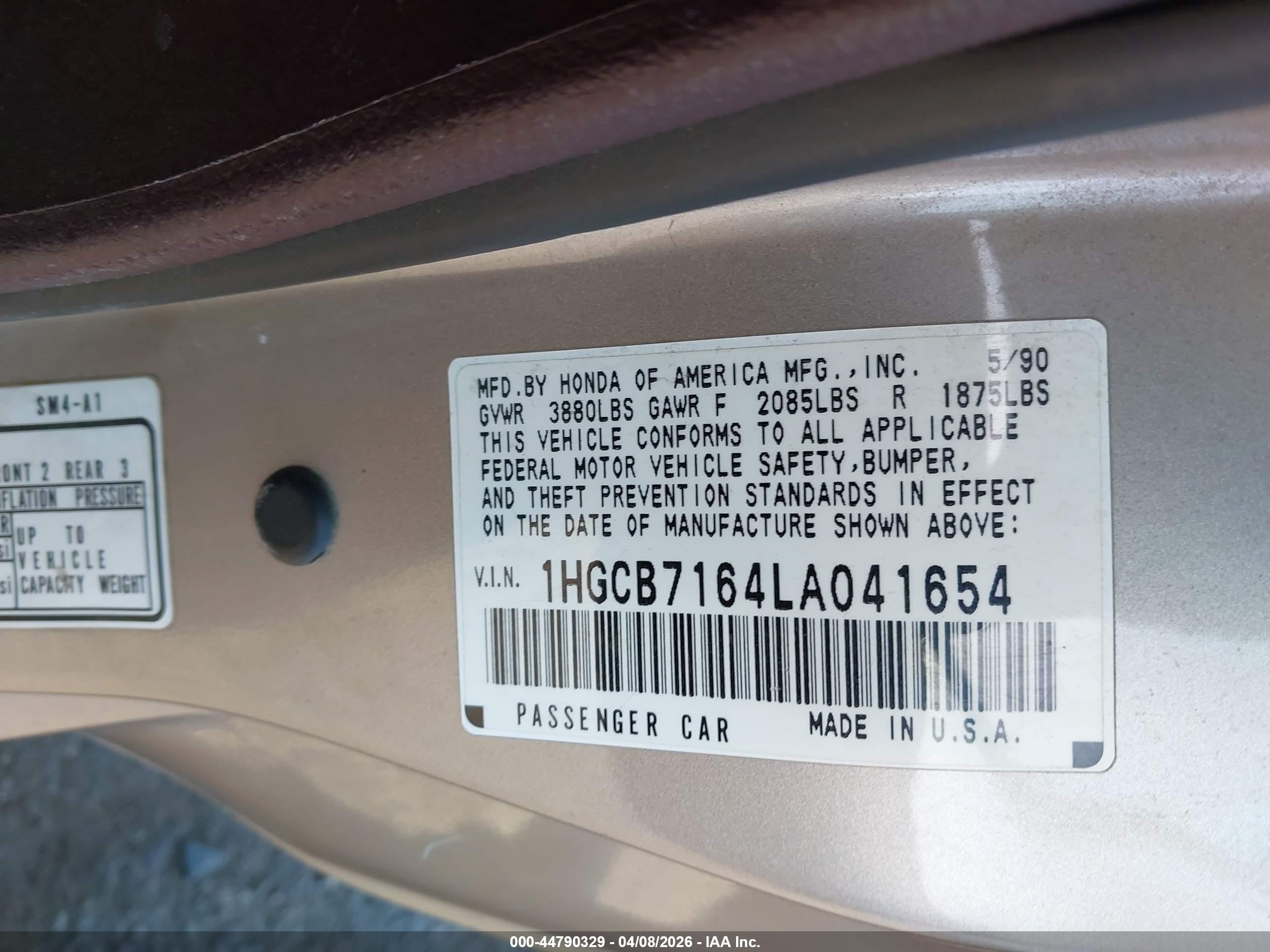 1990 Honda Accord Ex/ex-r Gray vin: 1HGCB7164LA041654