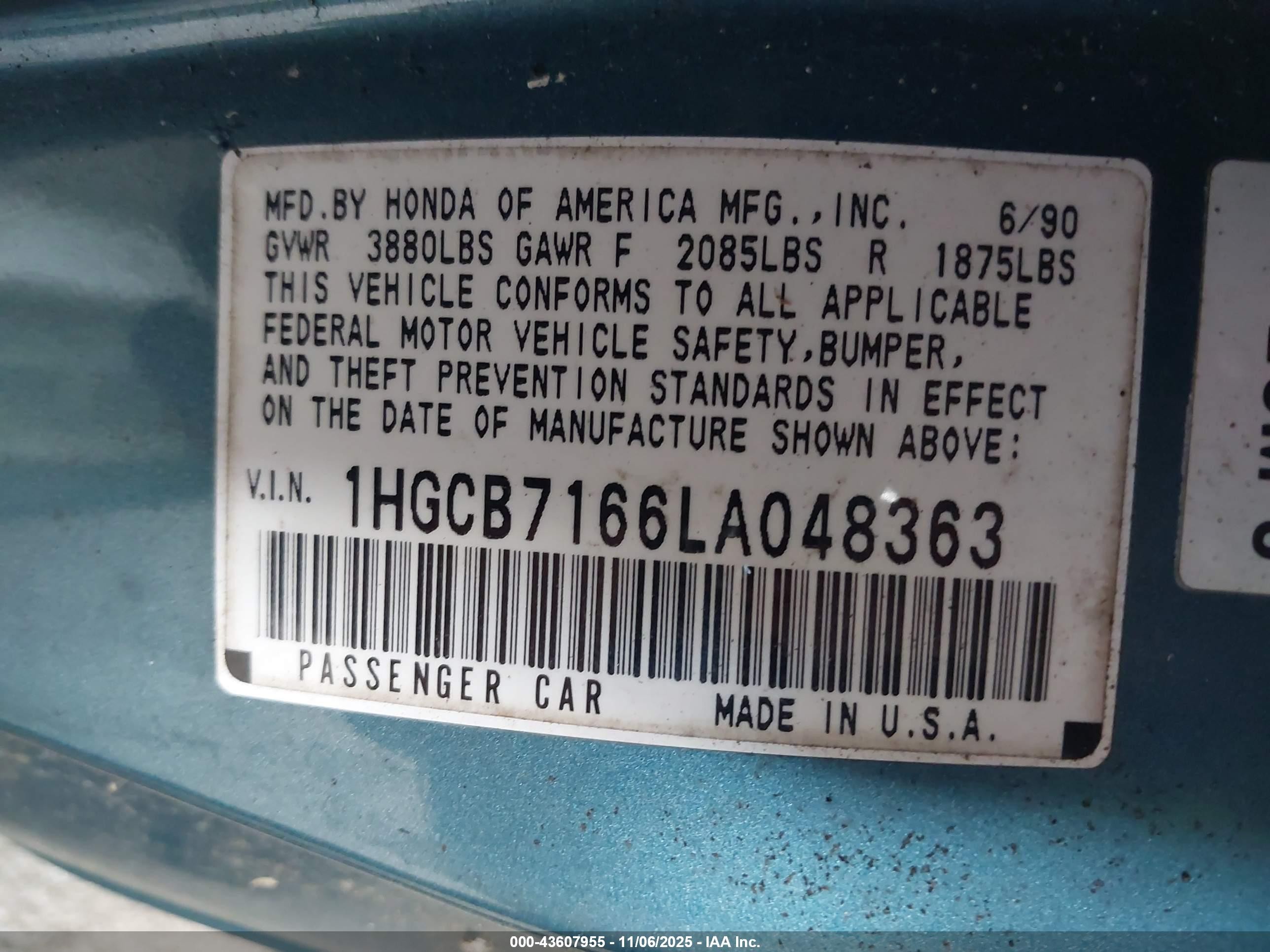 1990 Honda Accord Ex/ex-r Light Blue vin: 1HGCB7166LA048363