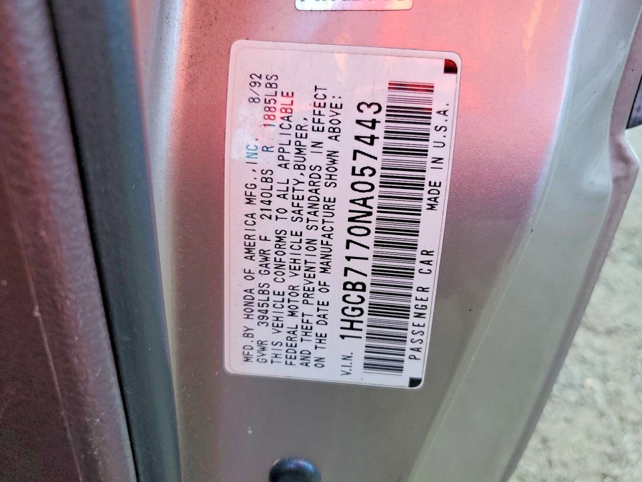 1992 Honda Accord Ex Gray vin: 1HGCB7170NA057443